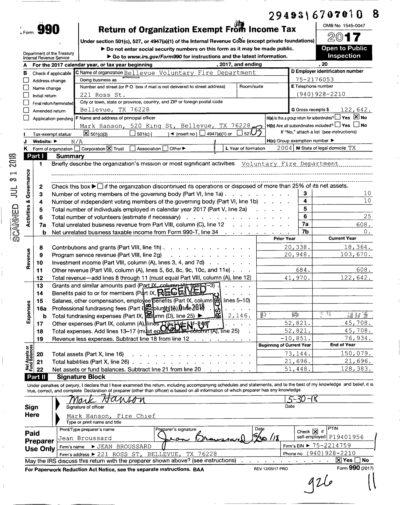 Image of first page of 2017 Form 990 for Bellevue Volunteer Fire Department