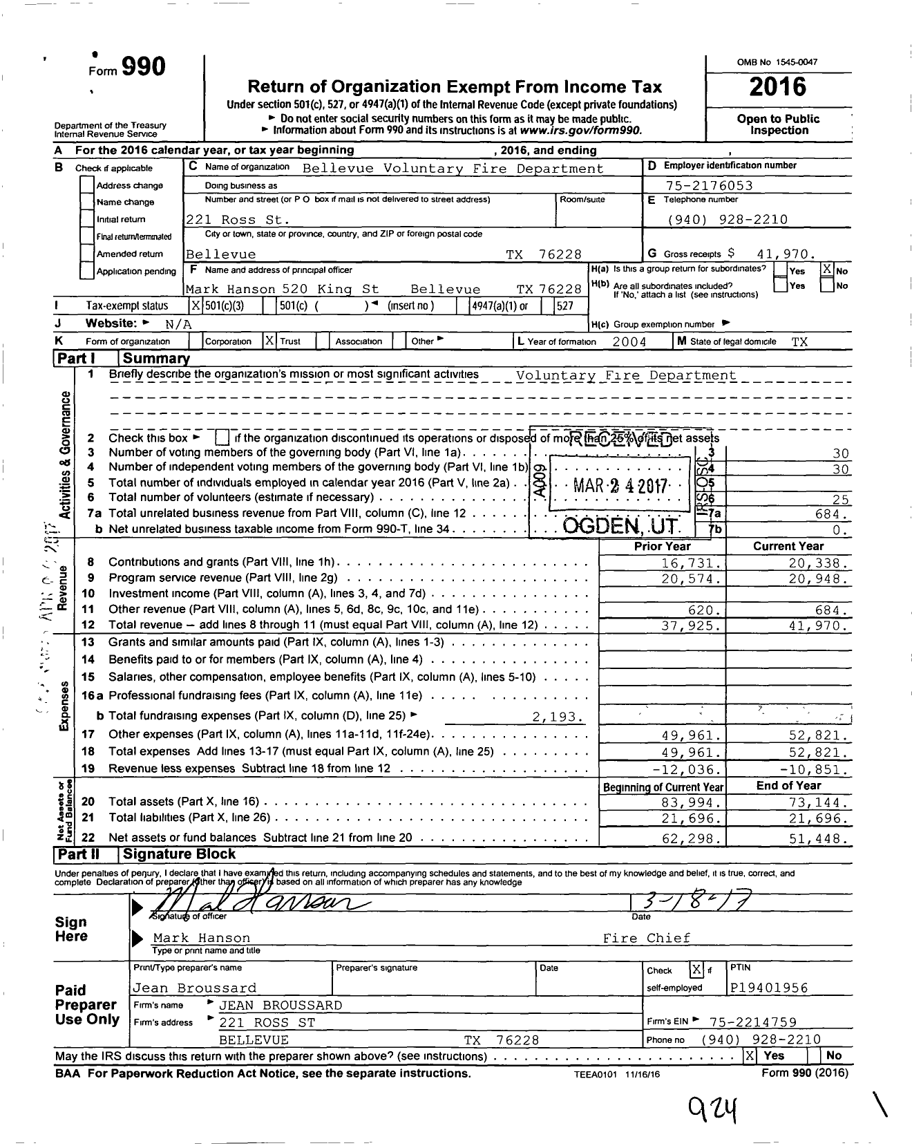 Image of first page of 2016 Form 990 for Bellevue Volunteer Fire Department