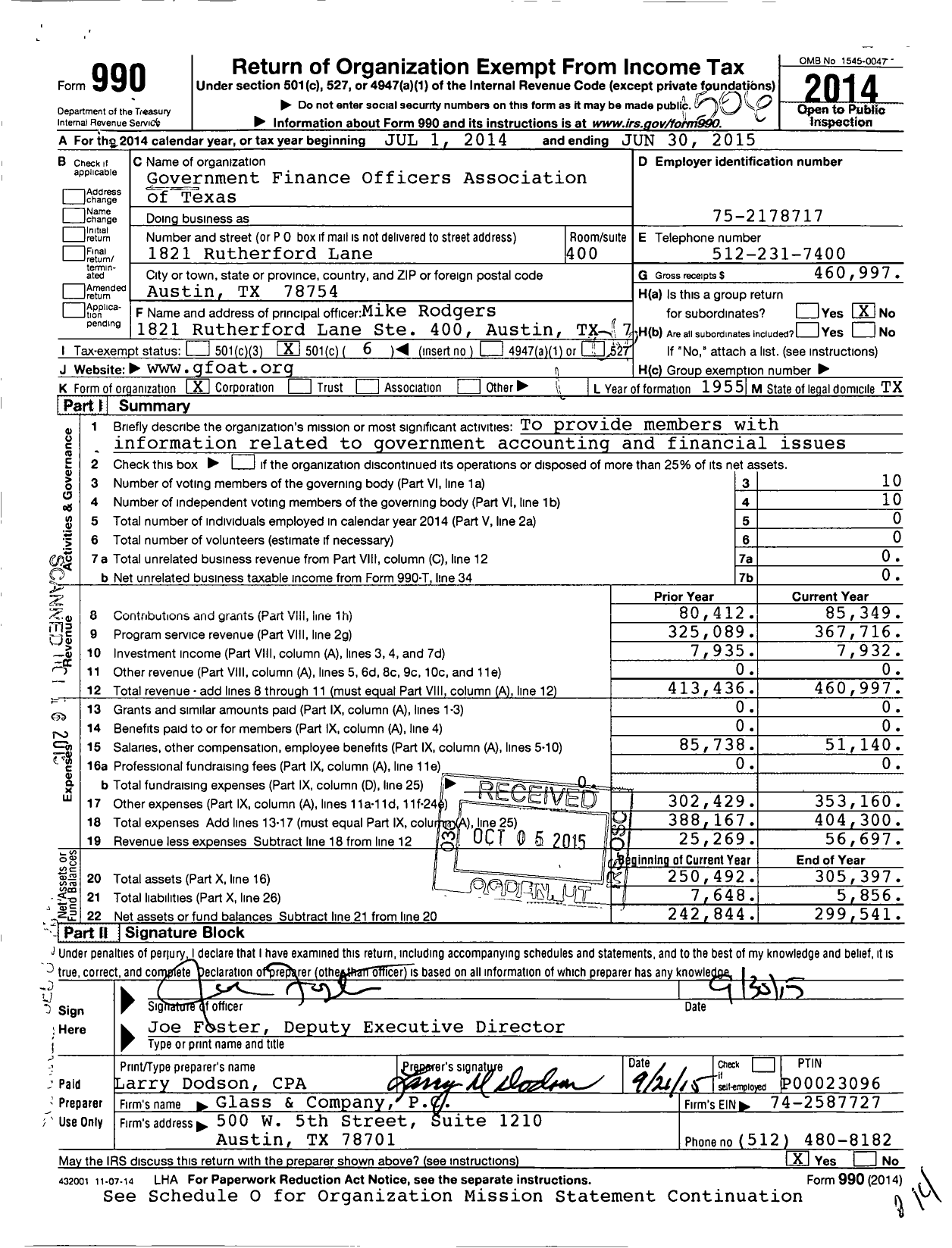 Image of first page of 2014 Form 990O for Government Finance Officers Association of Texas
