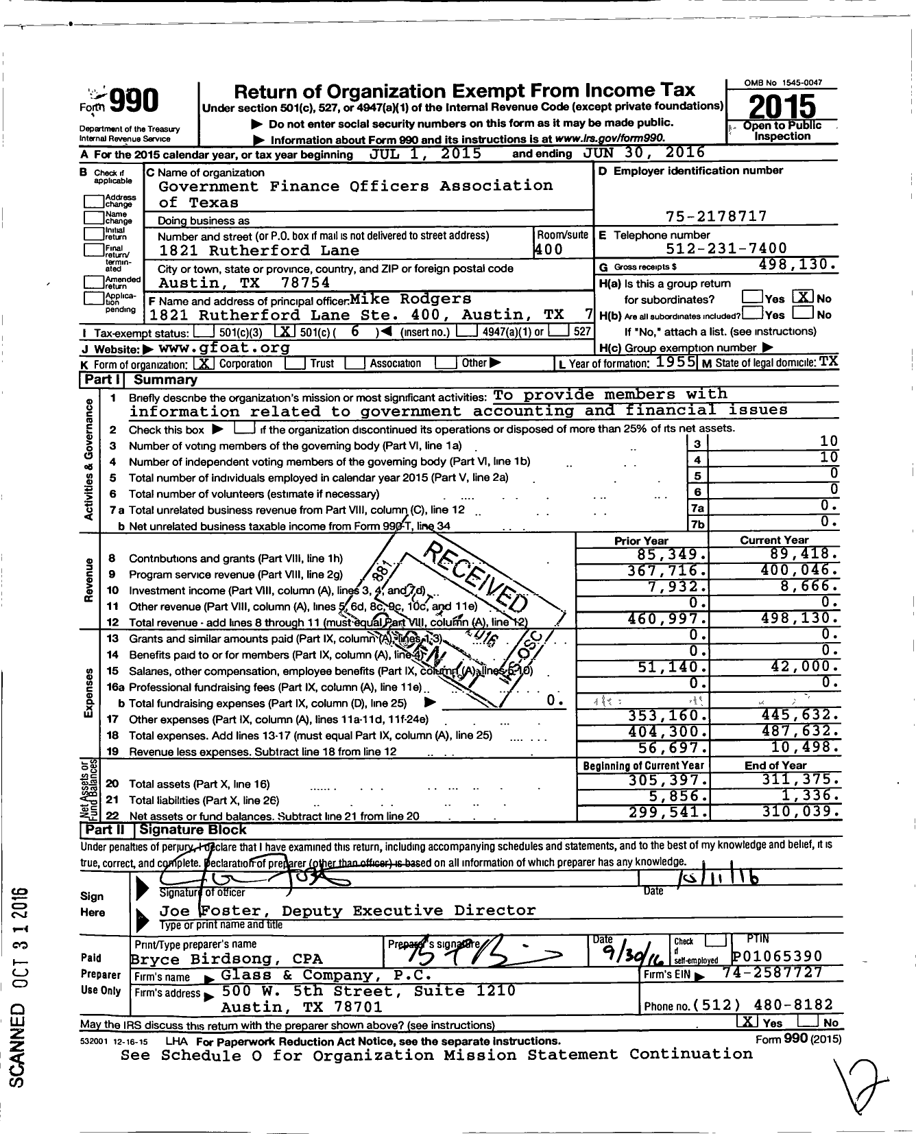 Image of first page of 2015 Form 990O for Government Finance Officers Association of Texas