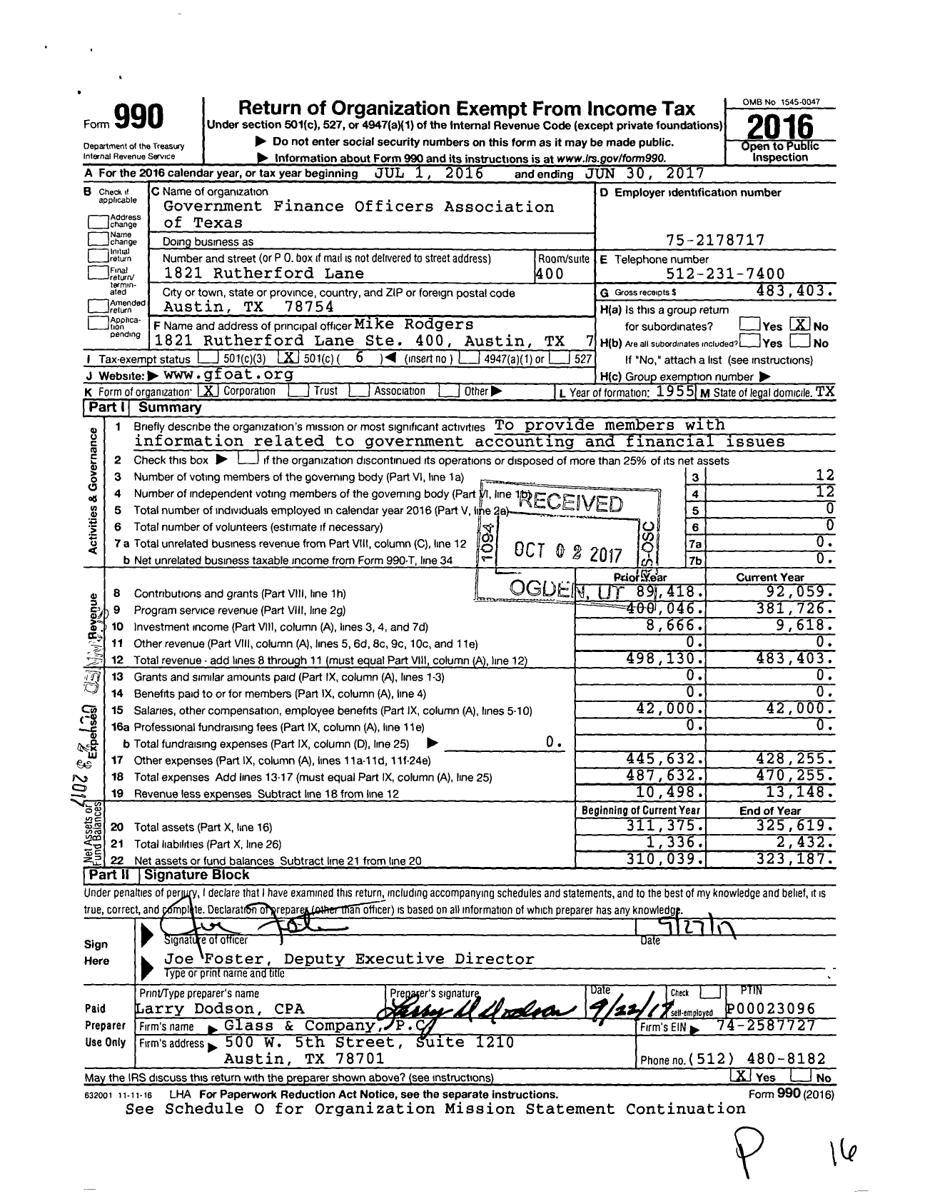 Image of first page of 2016 Form 990O for Government Finance Officers Association of Texas