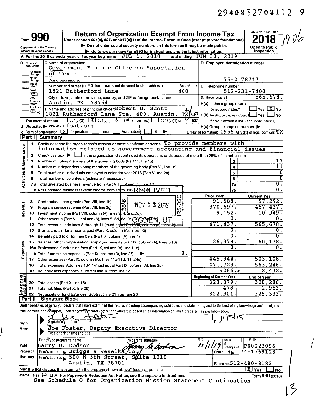 Image of first page of 2018 Form 990O for Government Finance Officers Association of Texas