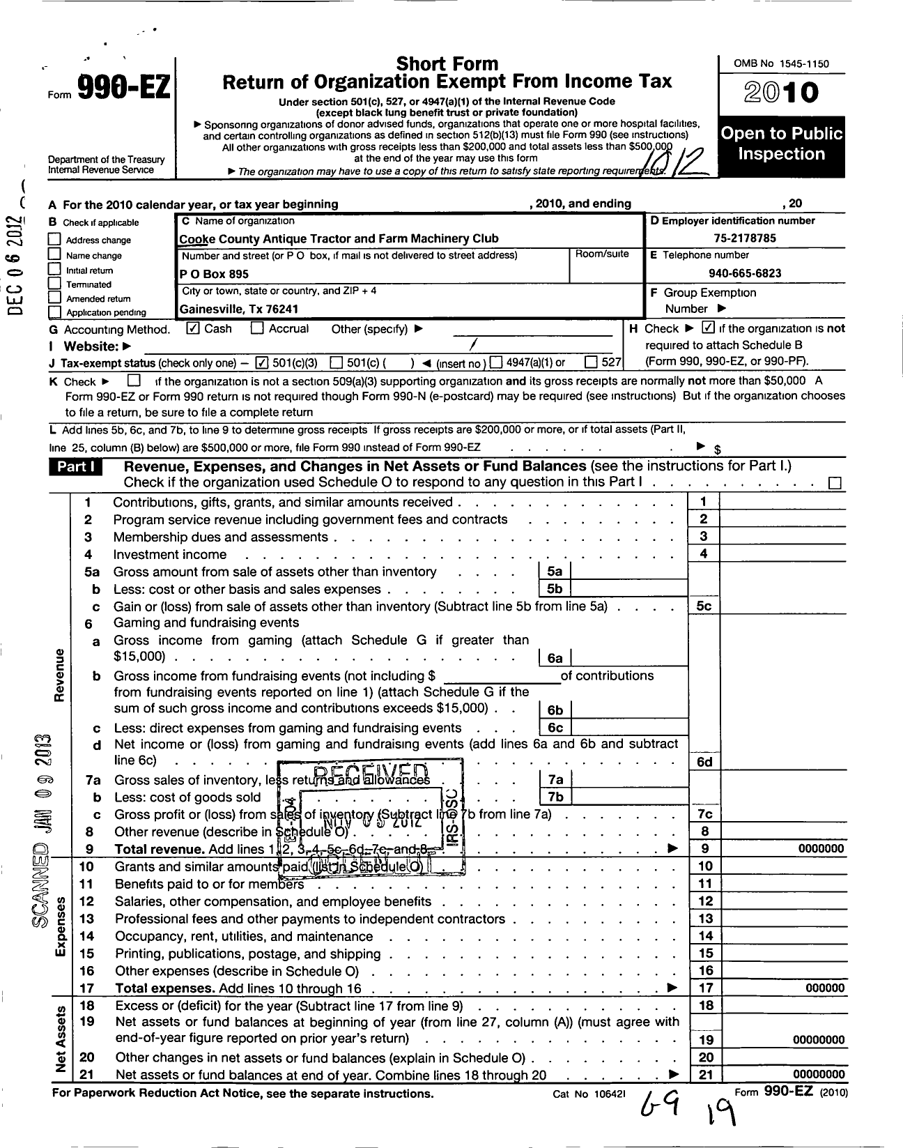 Image of first page of 2010 Form 990EZ for Cooke County Antique Tractor