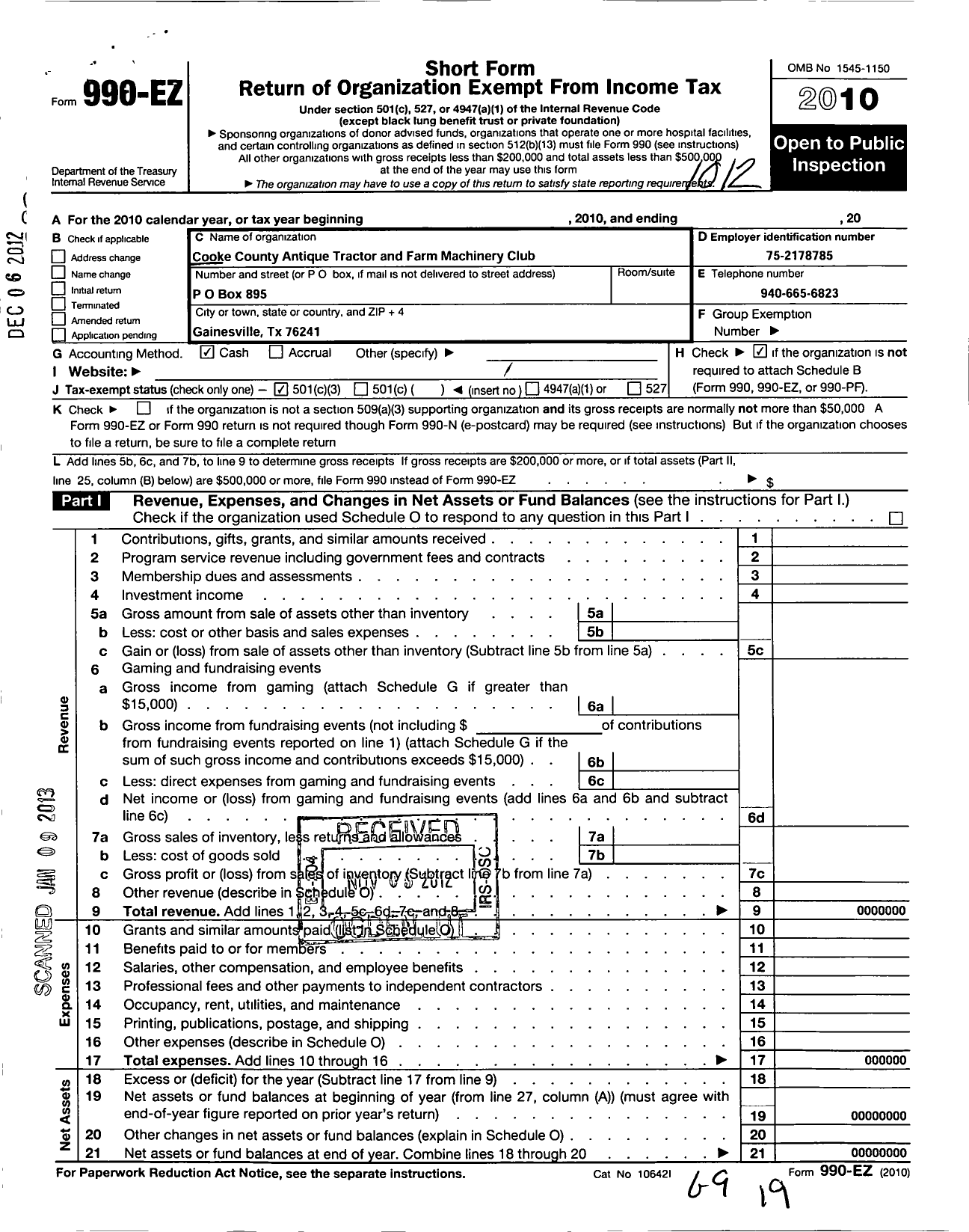 Image of first page of 2010 Form 990EZ for Cooke County Antique Tractor and Farm Machinery Club