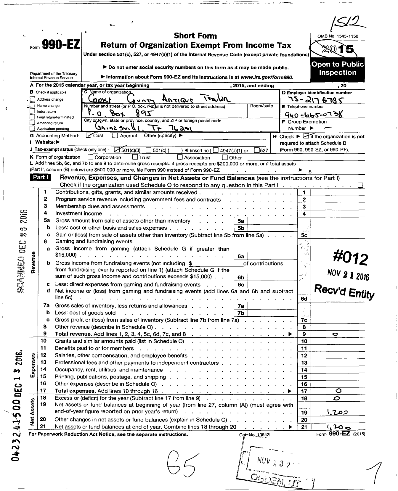 Image of first page of 2015 Form 990EZ for Cooke County Antique Tractor and Farm Machinery Club