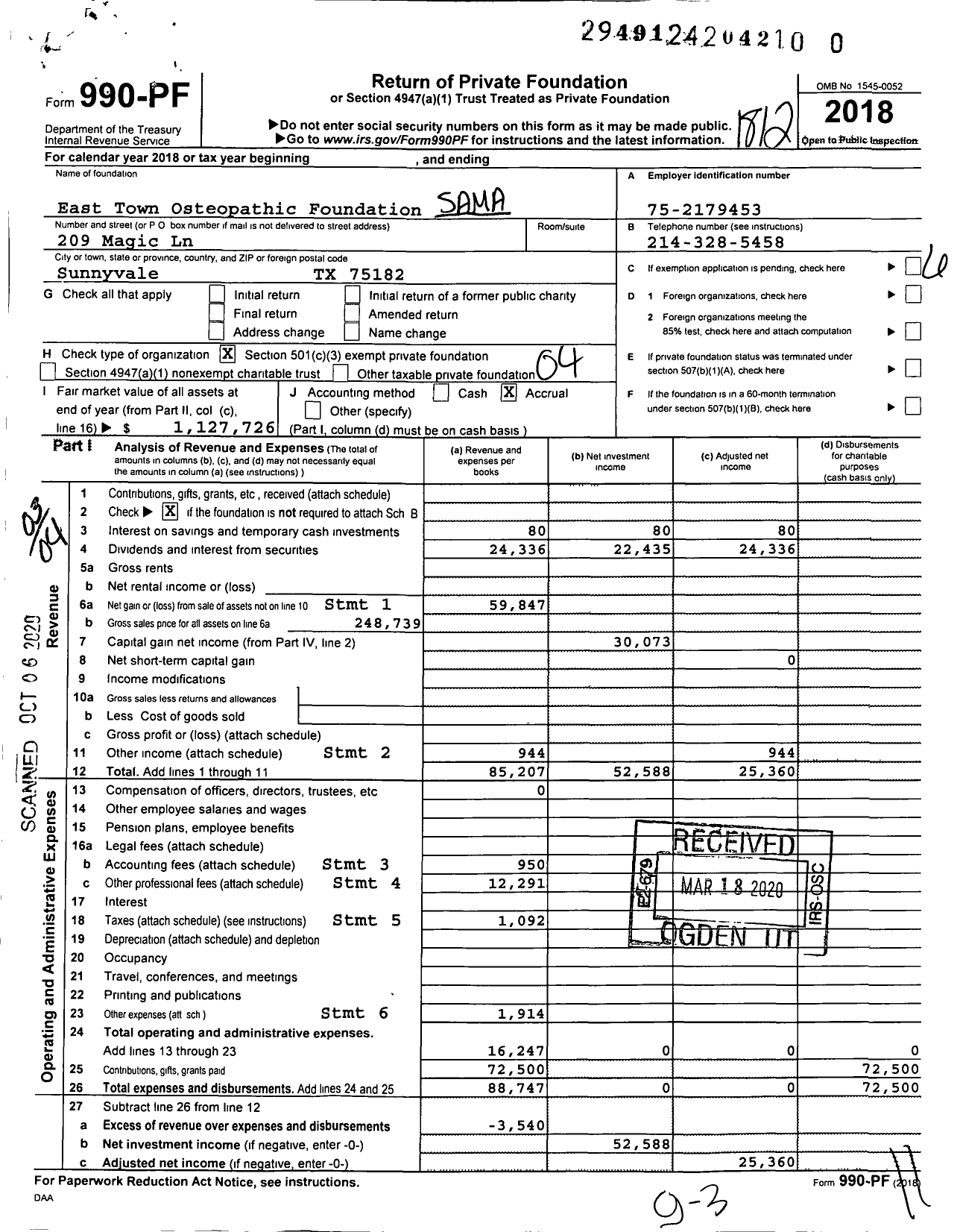 Image of first page of 2018 Form 990PR for Sam and Marille Sparks East Town Osteopathic Foundation