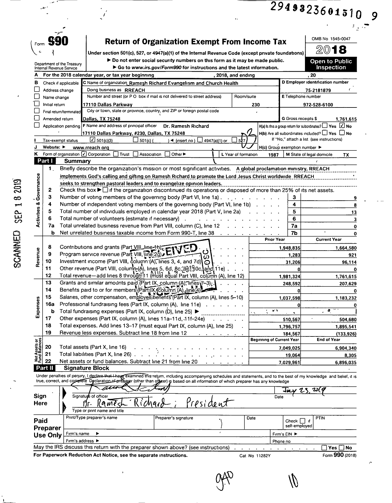 Image of first page of 2018 Form 990 for Ramesh Richard Evangelism and Church Health (RREACH)