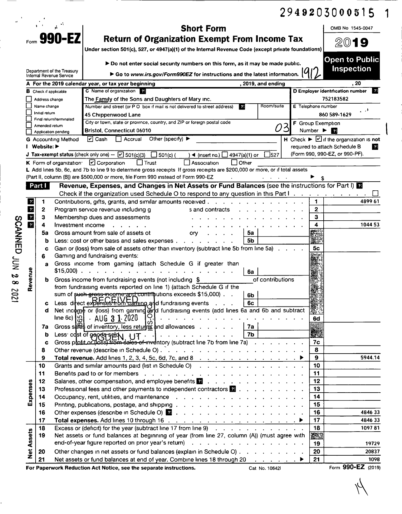 Image of first page of 2019 Form 990EZ for The Family of the Sons and Daughters of Mary