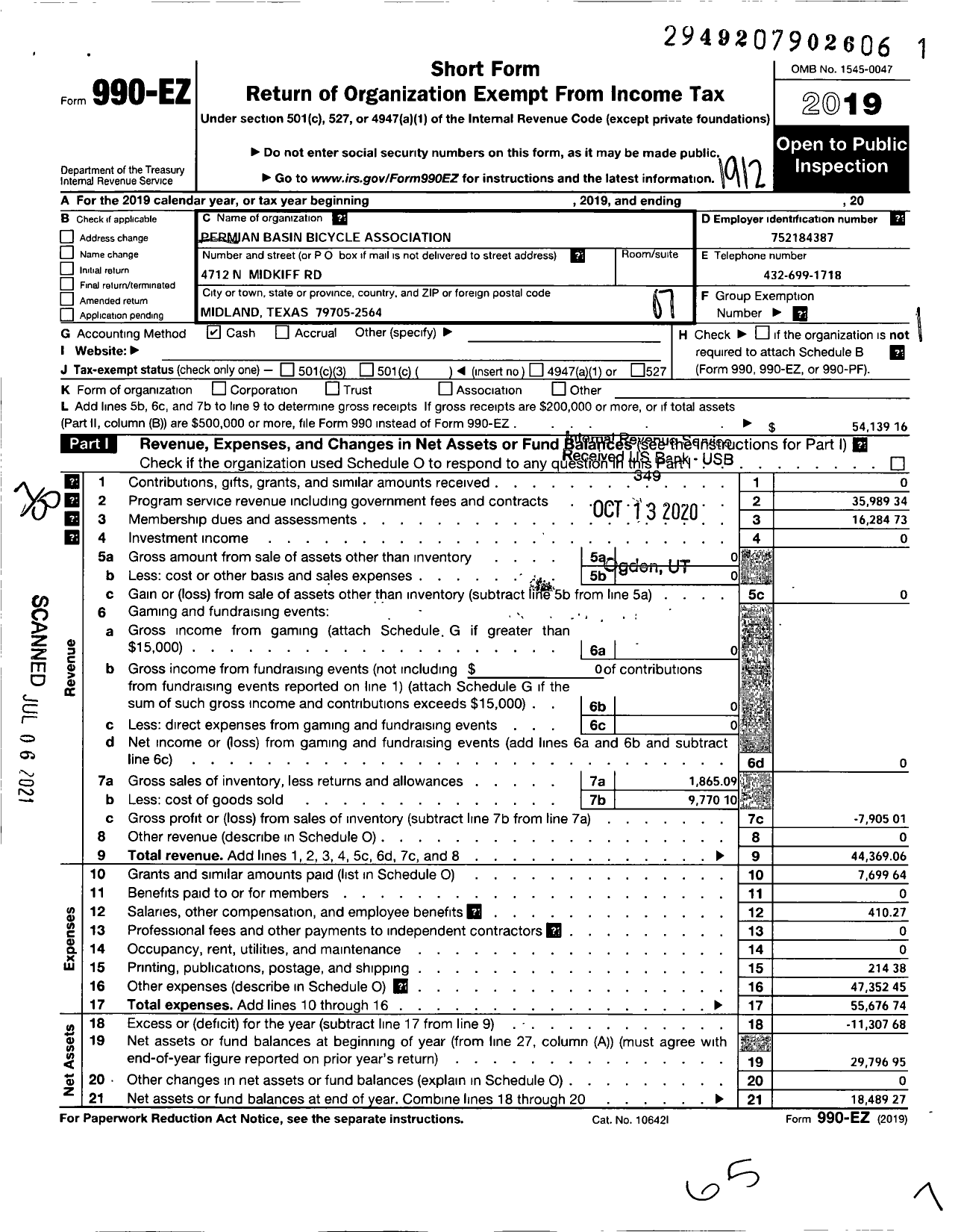 Image of first page of 2019 Form 990EO for Permian Basin Bicycle Association