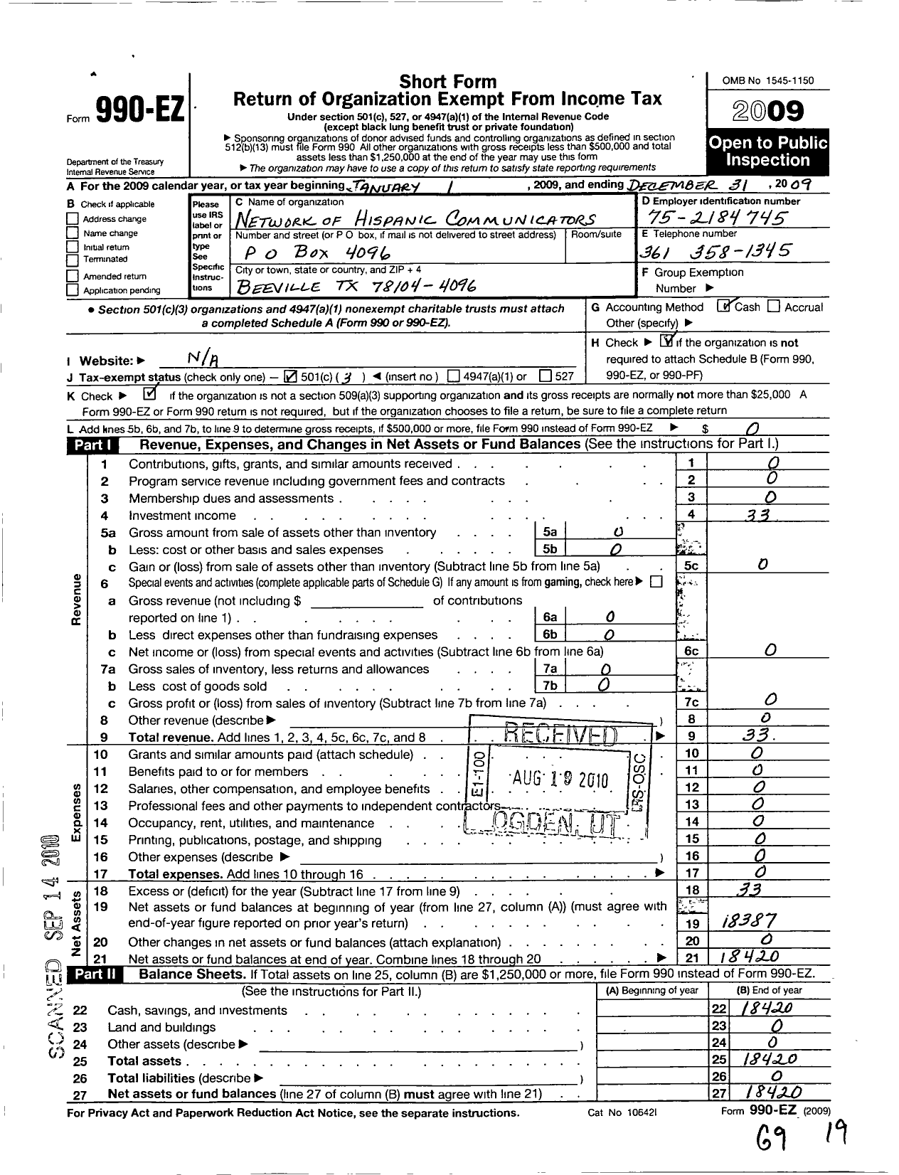 Image of first page of 2009 Form 990EZ for Network of Hispanic Communicators