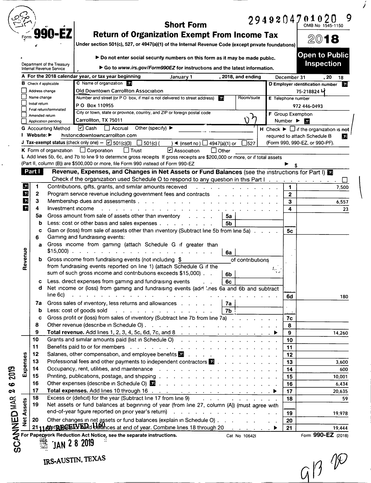 Image of first page of 2018 Form 990EZ for Old Downtown Carrollton Association