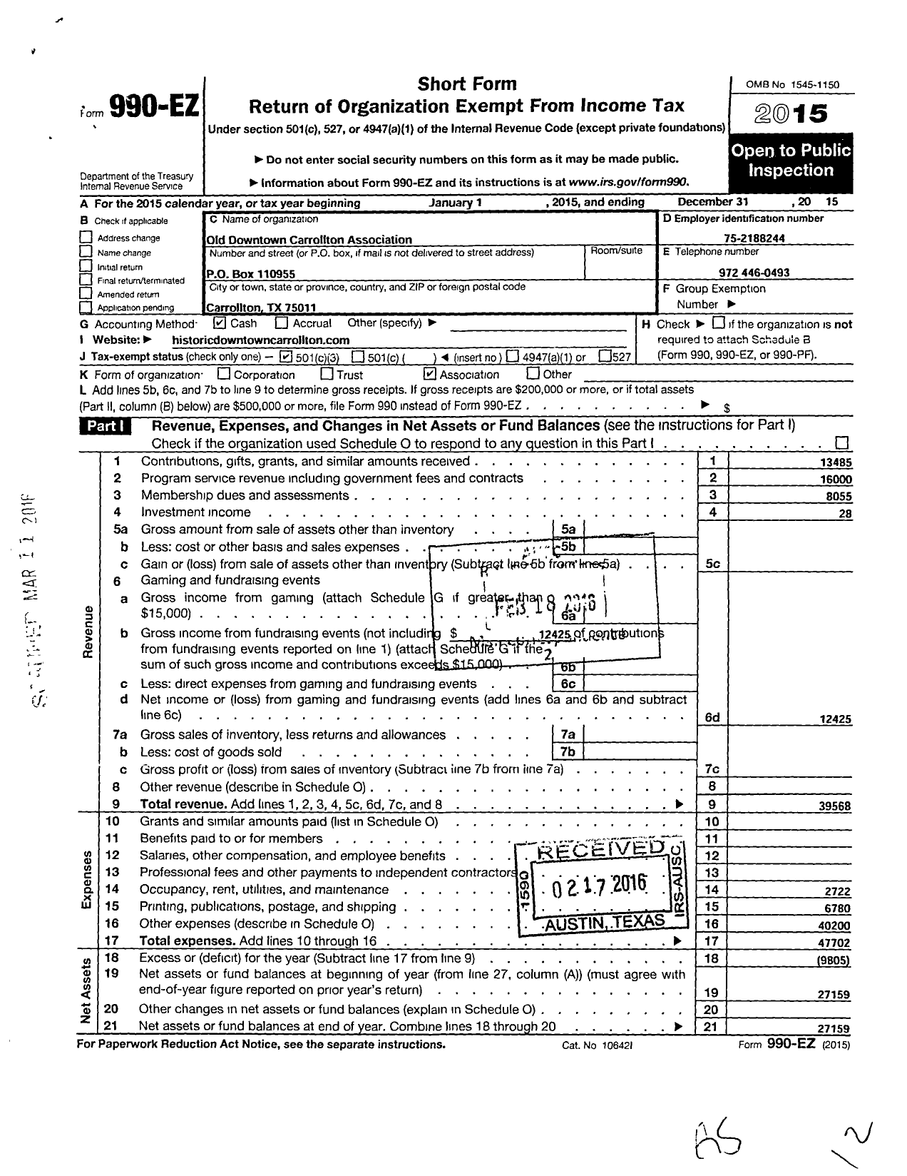 Image of first page of 2015 Form 990EZ for Old Downtown Carrollton Association