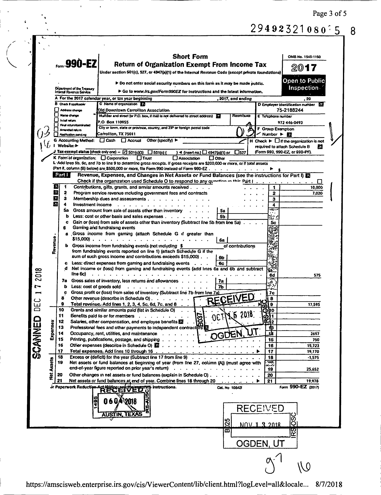 Image of first page of 2017 Form 990EZ for Old Downtown Carrollton Association