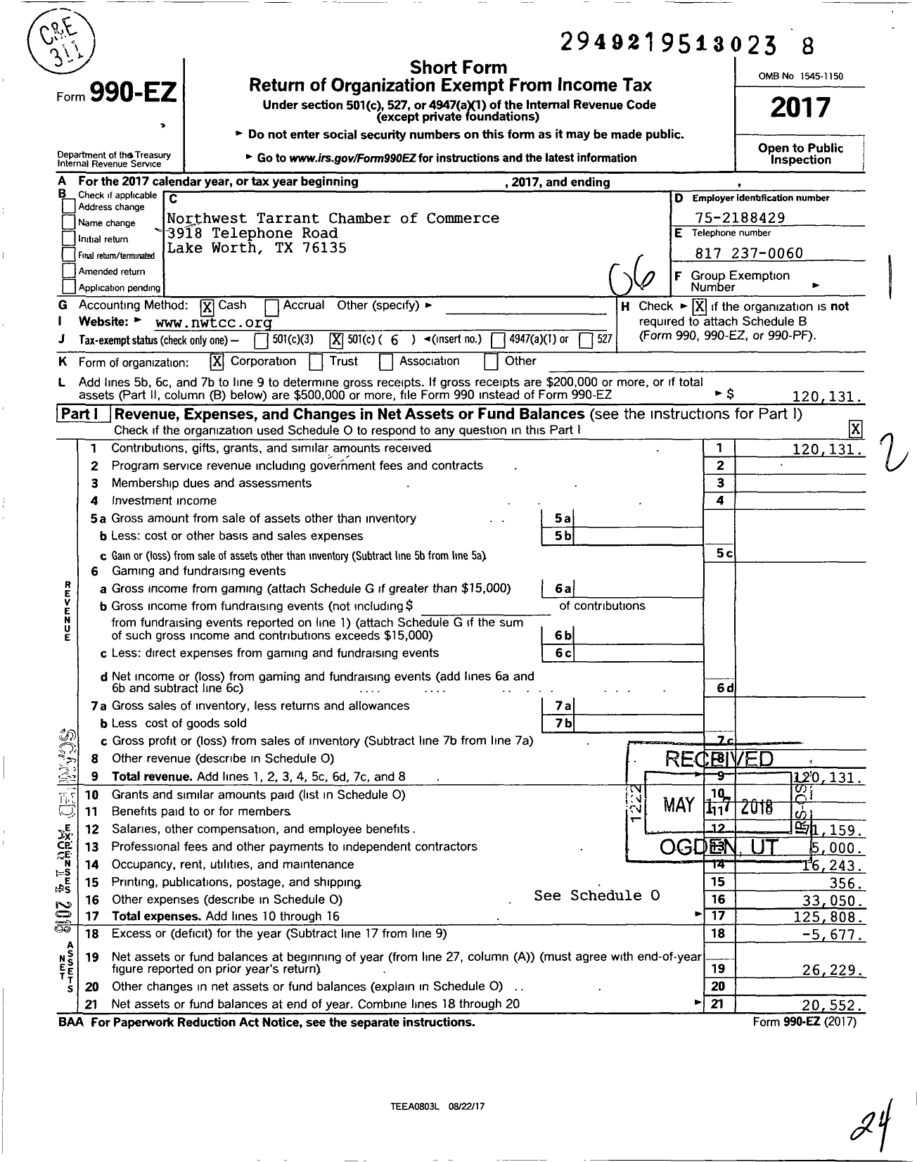 Image of first page of 2017 Form 990EO for Northwest Tarrant Chamber of Commerce