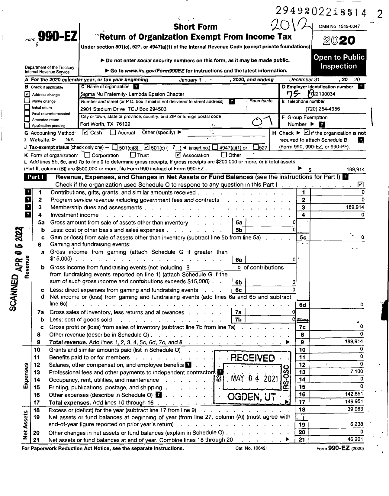 Image of first page of 2020 Form 990EO for Sigma Nu Fraternity