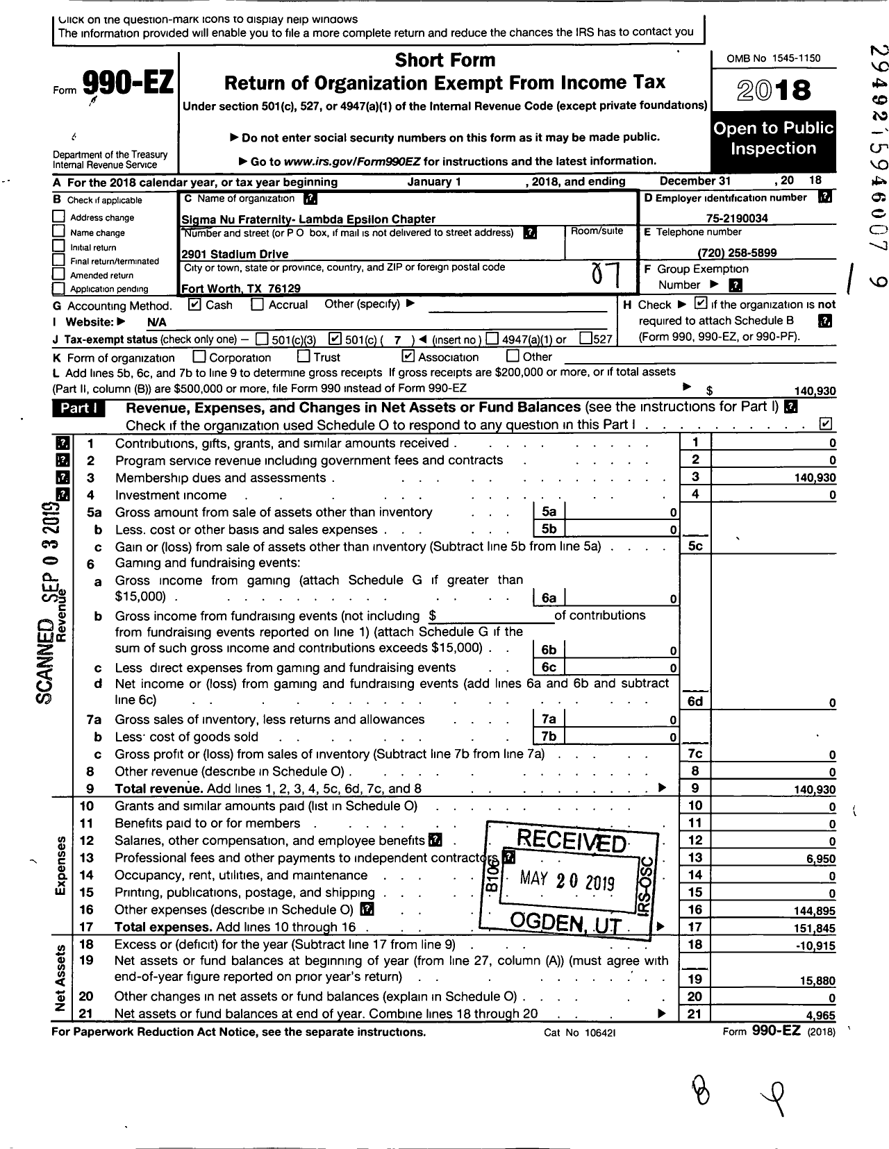 Image of first page of 2018 Form 990EO for Sigma Nu Fraternity