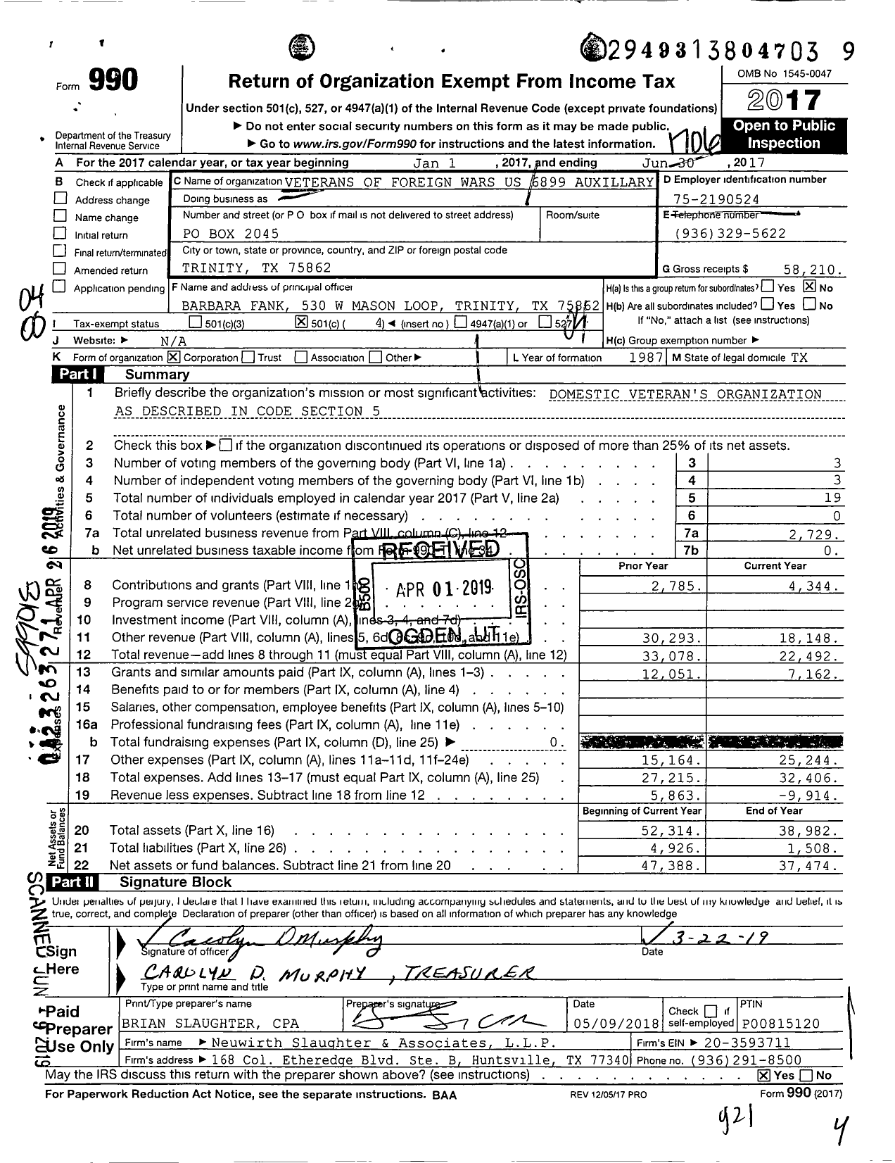 Image of first page of 2016 Form 990O for Veterans of Foreign Wars of the Us Dept of Texas Auxiliary - 6899 Trinity County Memorial Auxili