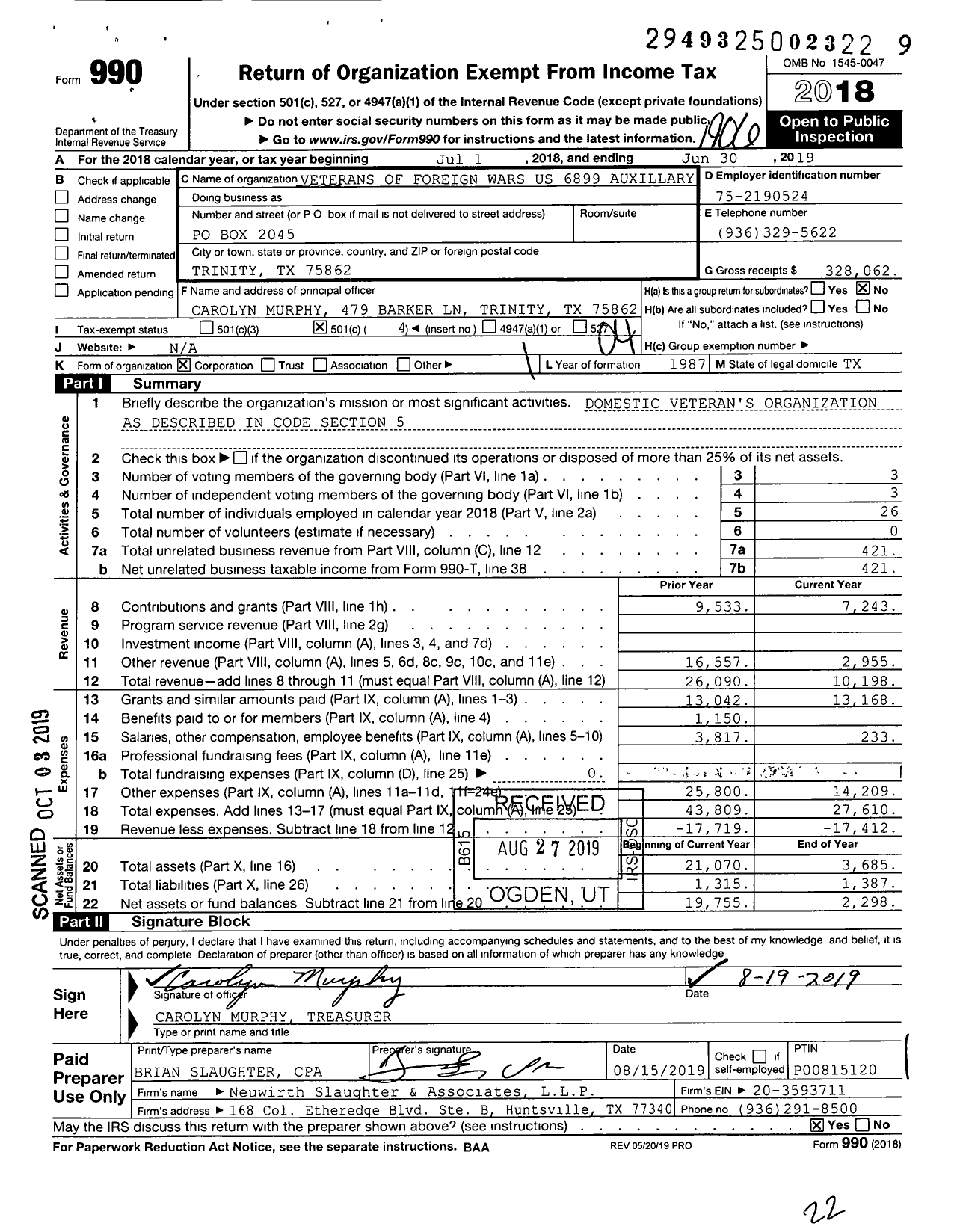 Image of first page of 2018 Form 990O for Veterans of Foreign Wars of the Us Dept of Texas Auxiliary - 6899 Trinity County Memorial Auxili