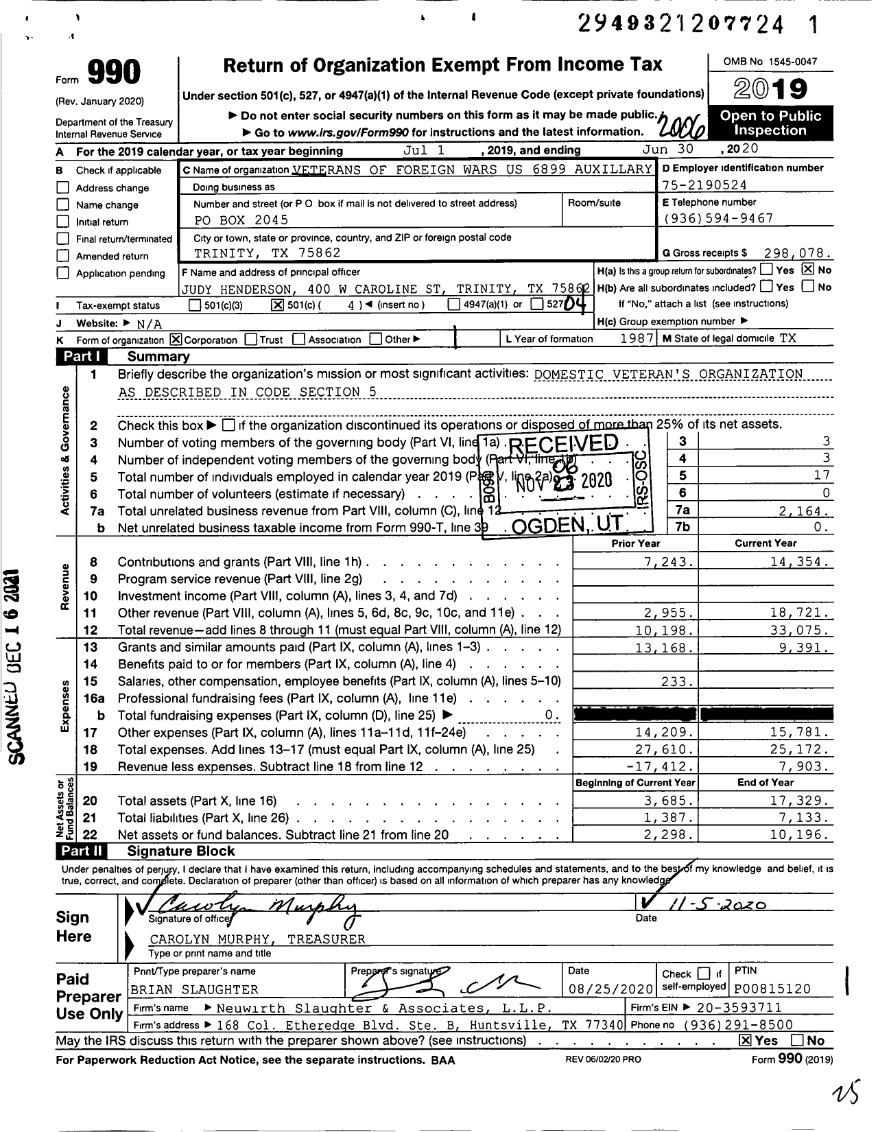 Image of first page of 2019 Form 990O for Veterans of Foreign Wars of the Us Dept of Texas Auxiliary - 6899 Trinity County Memorial Auxili