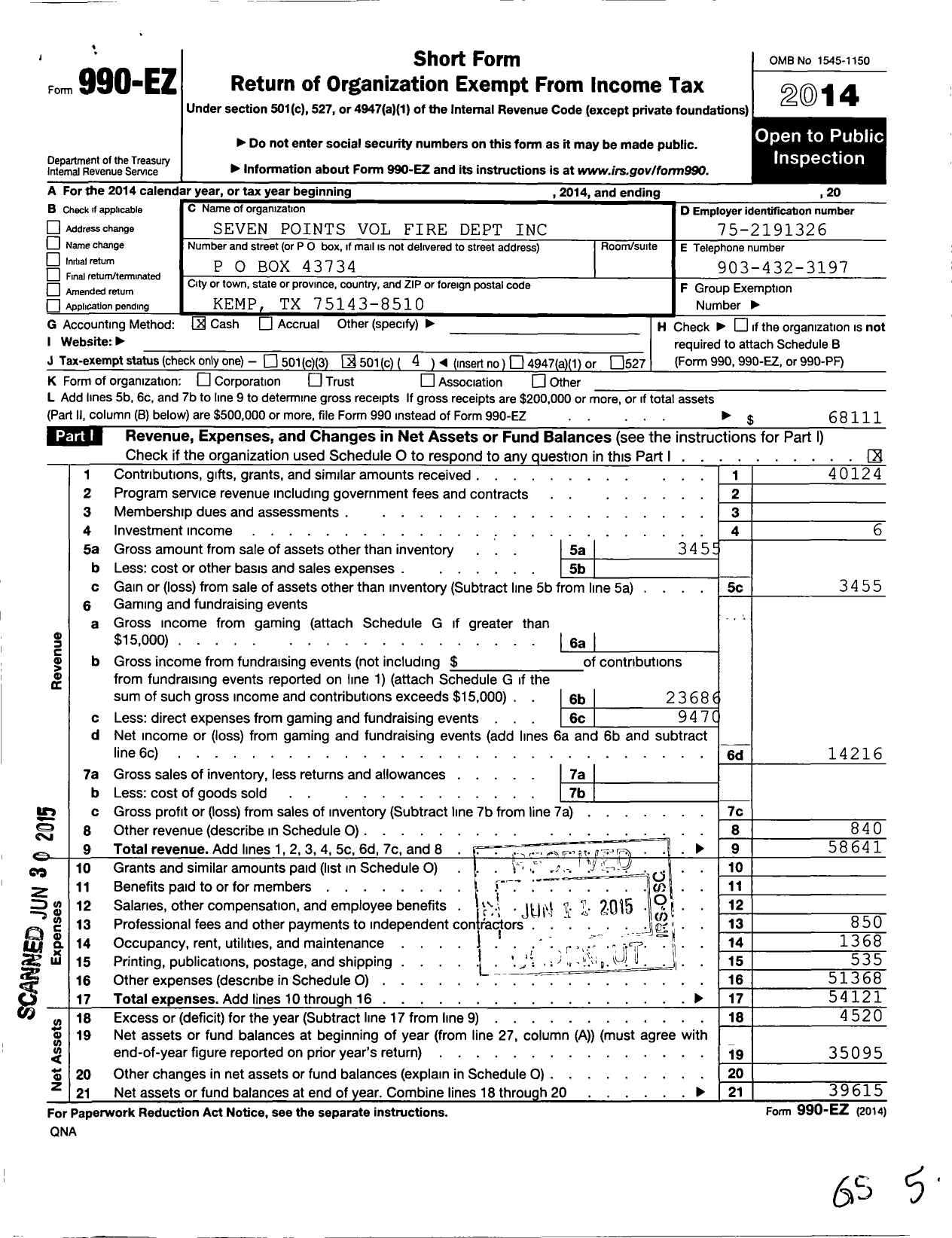 Image of first page of 2014 Form 990EO for Seven Points Volunteer Fire Dept