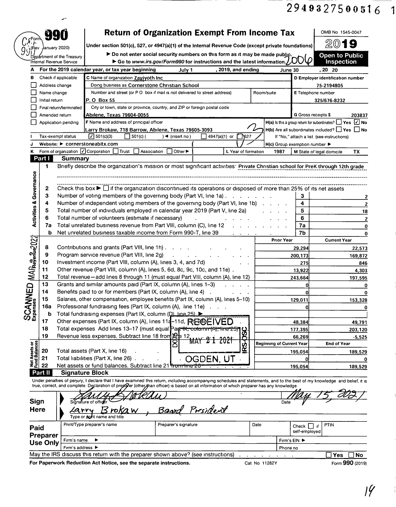 Image of first page of 2019 Form 990 for Zaviyoth Inc Cornerstone Christian School