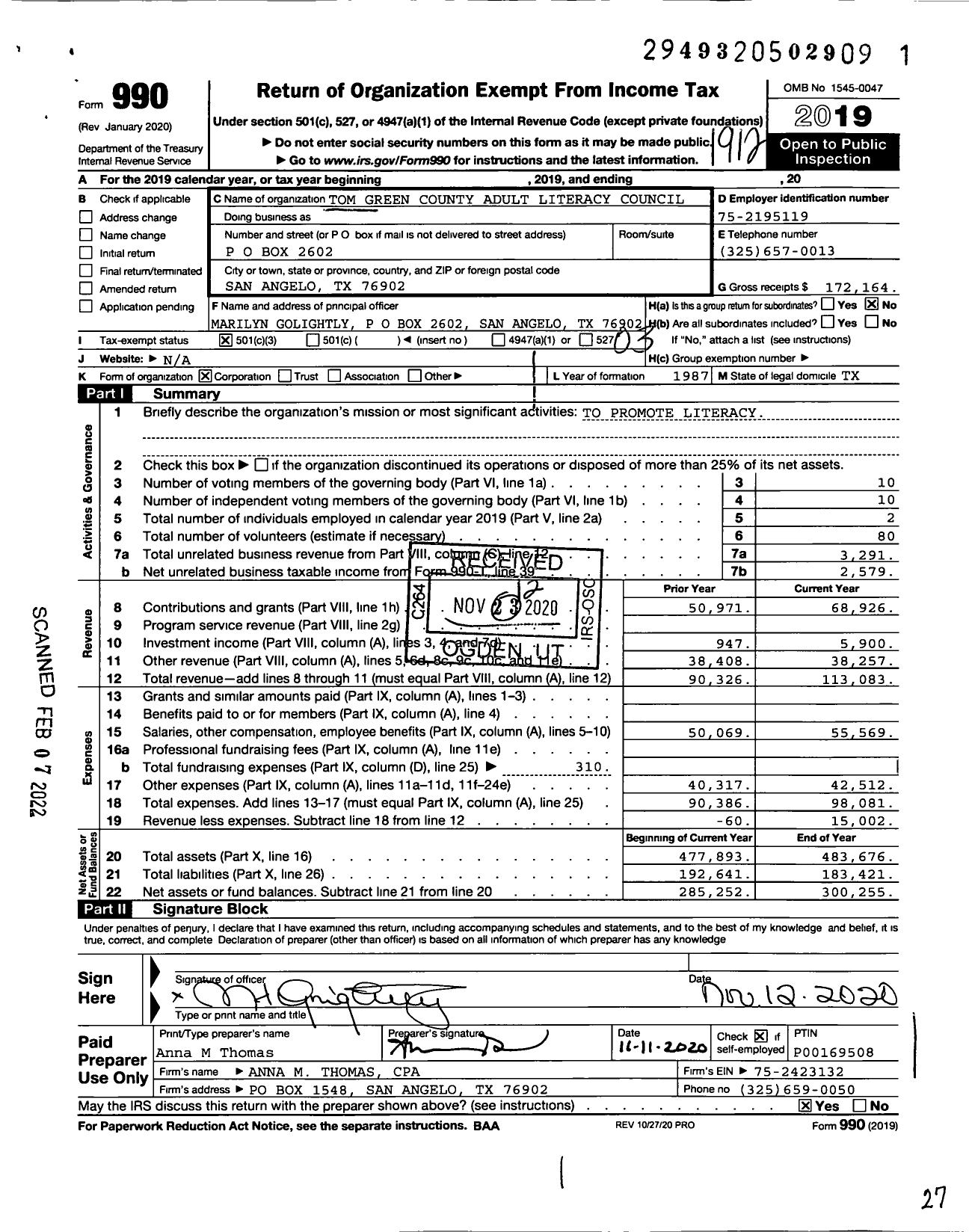 Image of first page of 2019 Form 990 for Tom Green County Adult Literacy Council