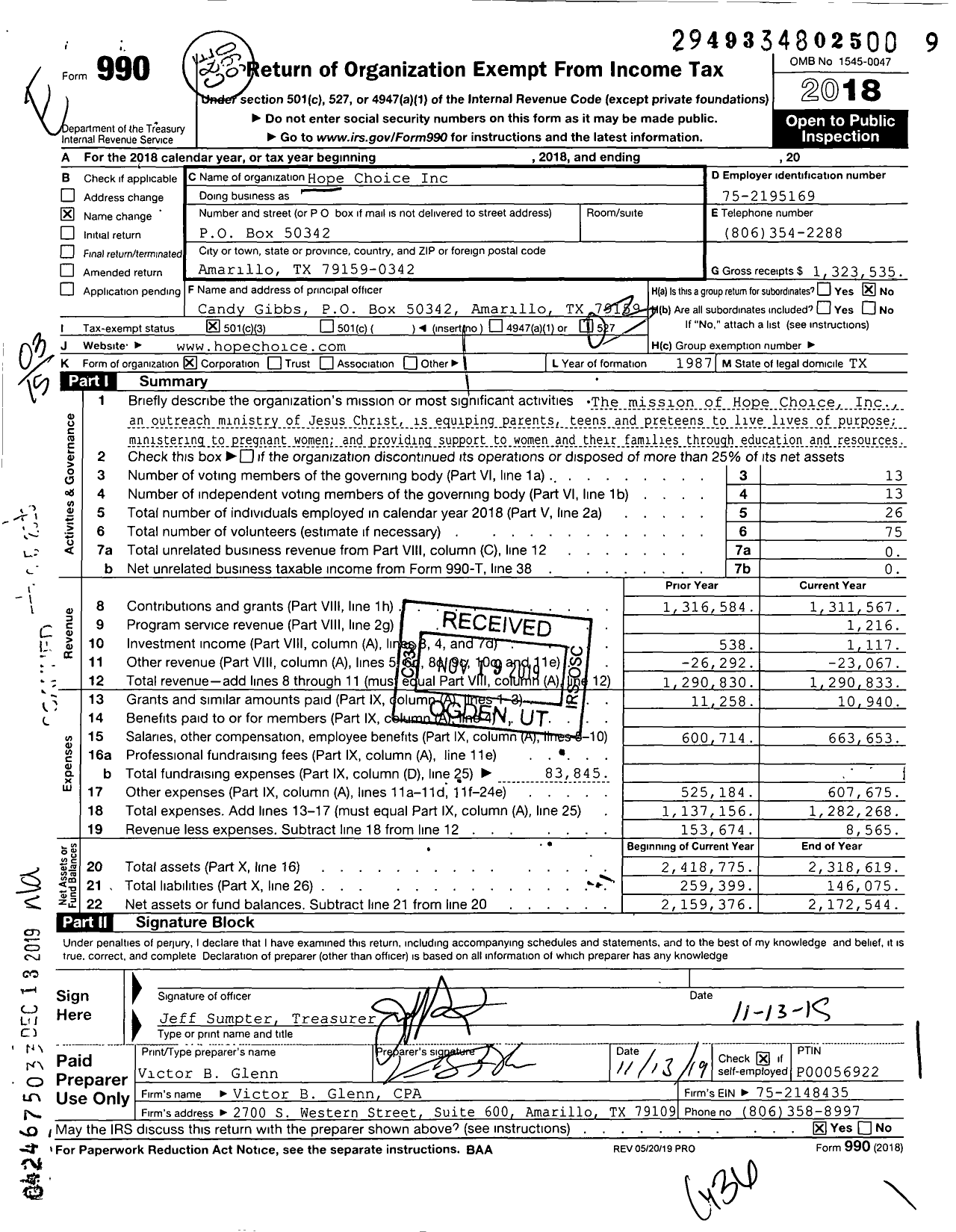 Image of first page of 2018 Form 990 for Hope Choice
