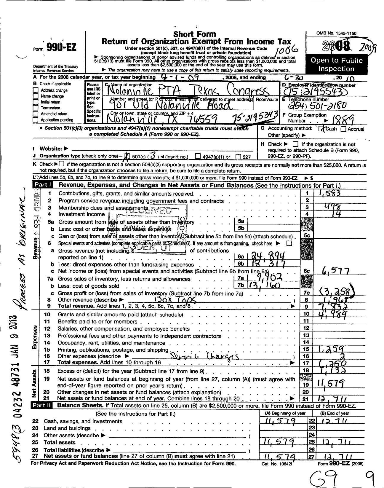 Image of first page of 2009 Form 990EZ for Texas PTA - 7059 Nolanville Elementary PTA