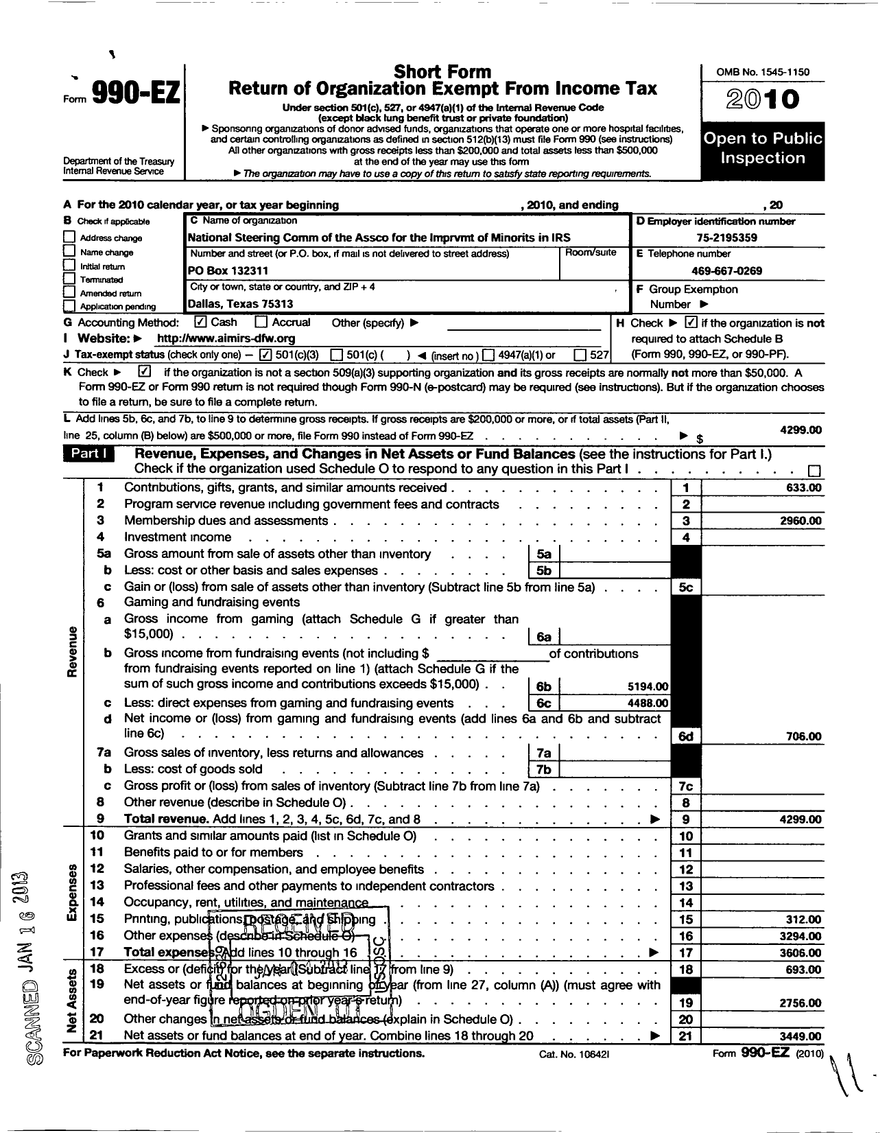 Image of first page of 2010 Form 990EZ for National Steering Comm of the Association for the Imprvmt of Minorits in Irs / Dallas-Ft Worth Area Chapter