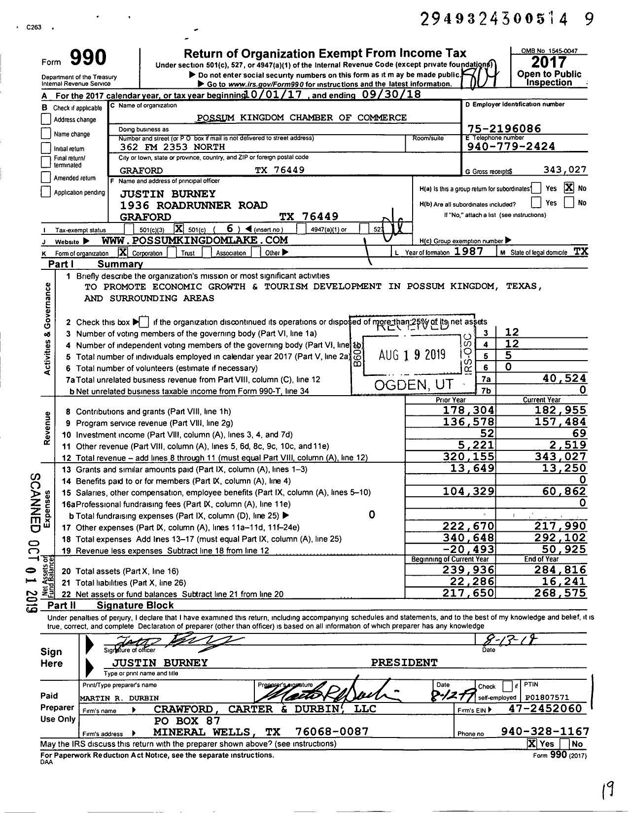 Image of first page of 2017 Form 990O for Possum Kingdom Chamber of Commerce