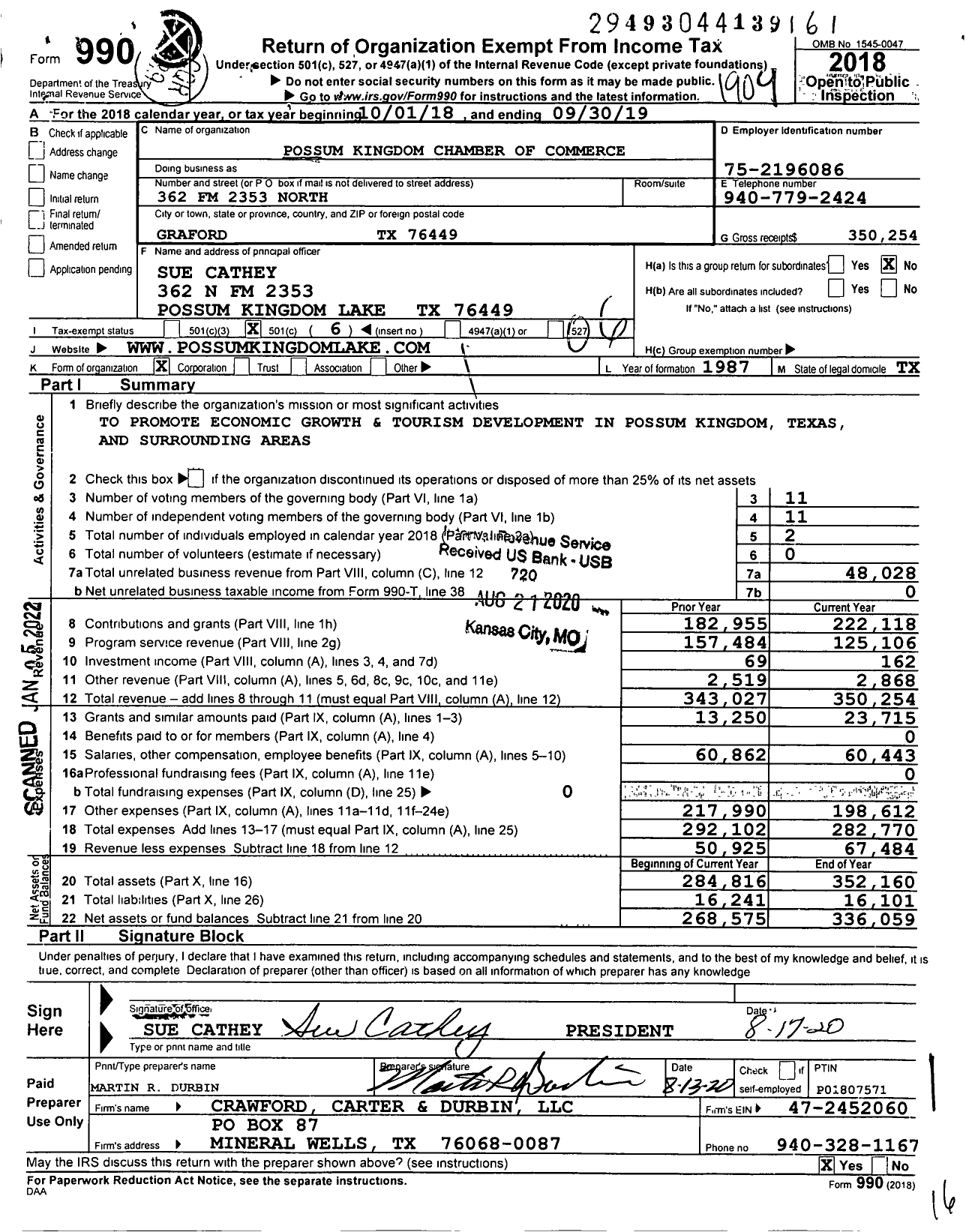 Image of first page of 2018 Form 990O for Possum Kingdom Chamber of Commerce