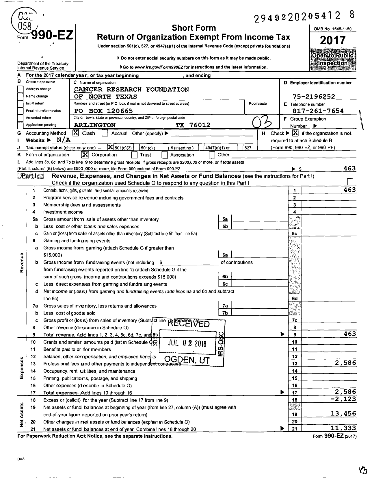 Image of first page of 2017 Form 990EZ for Cancer Research Foundation of North Texas