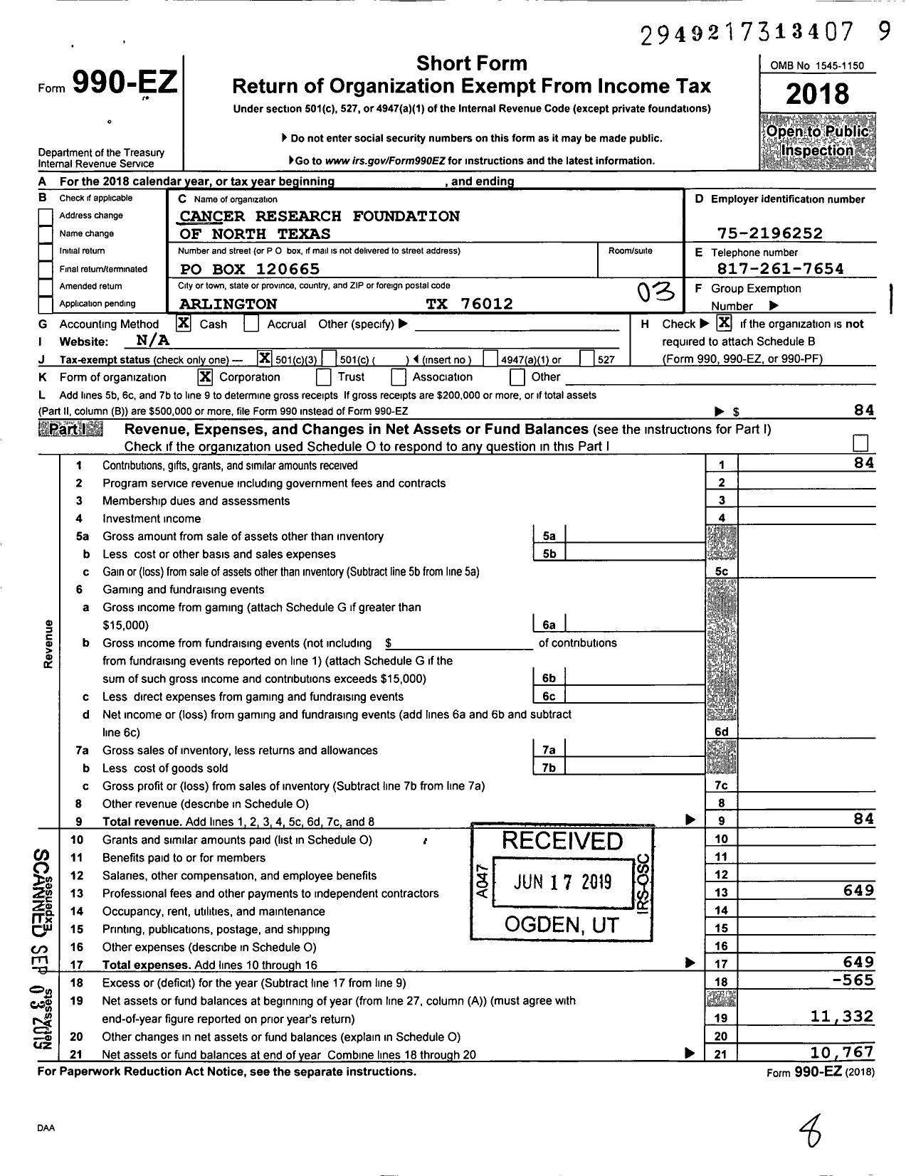 Image of first page of 2018 Form 990EZ for Cancer Research Foundation of North Texas