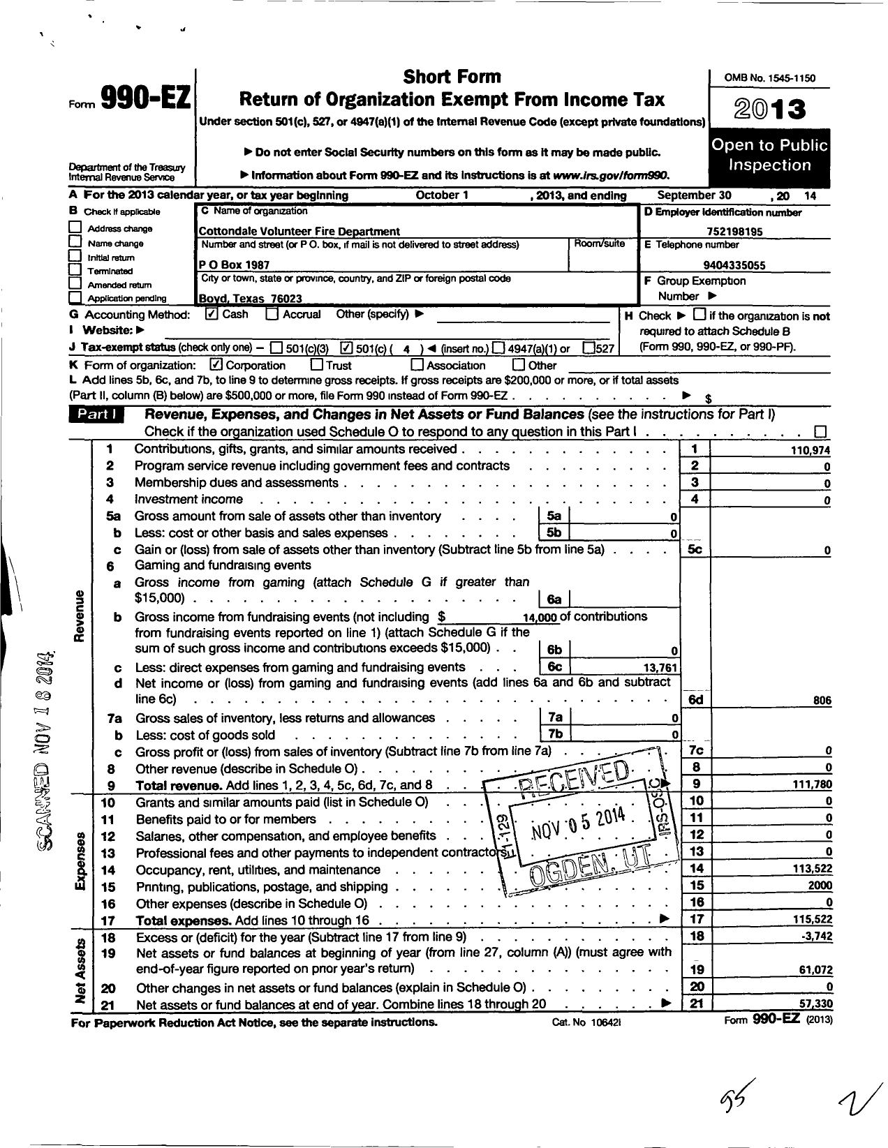 Image of first page of 2013 Form 990EO for Cottondale Volunteer Fire Dept