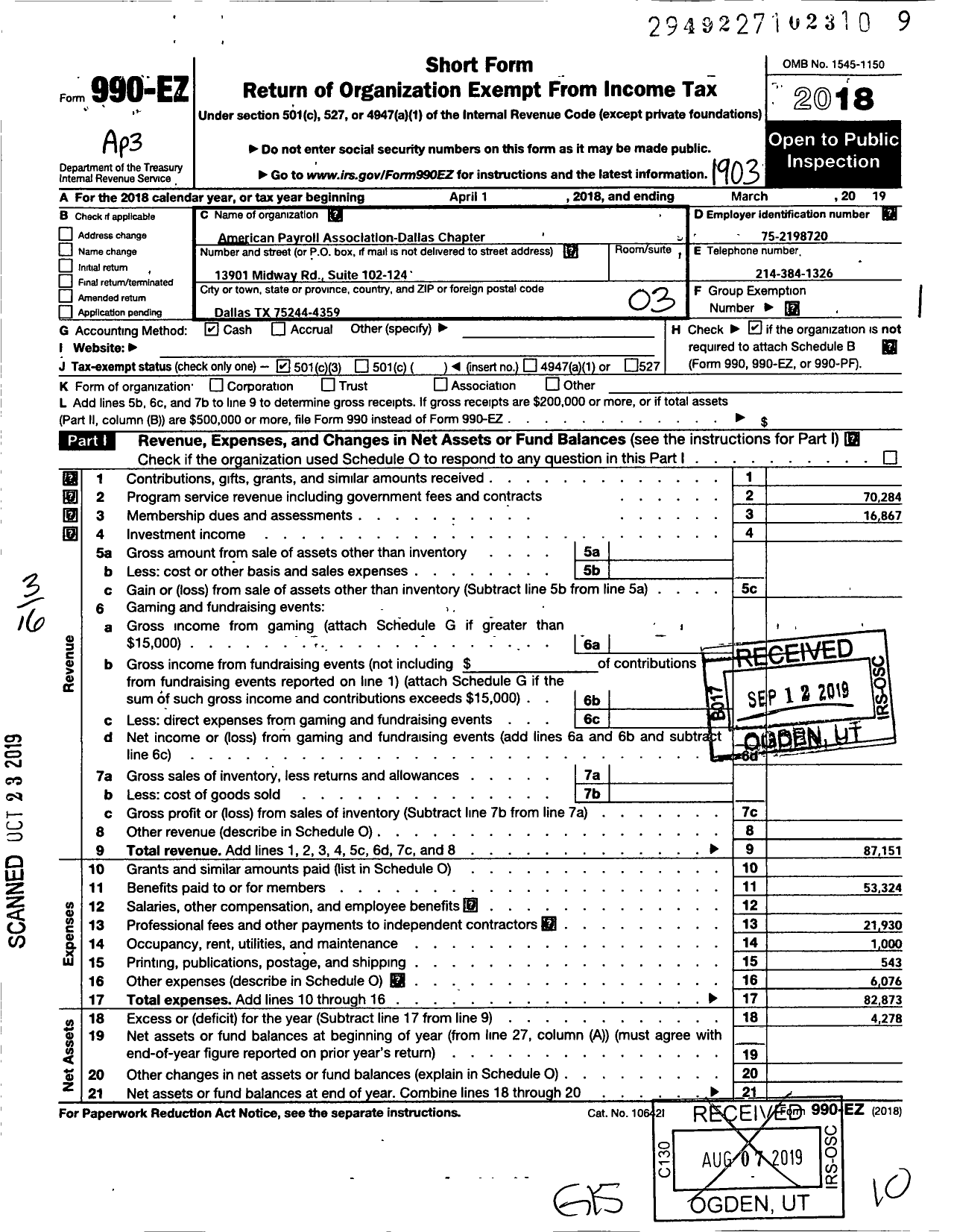 Image of first page of 2018 Form 990EZ for American Payroll Association Dallas Chapter