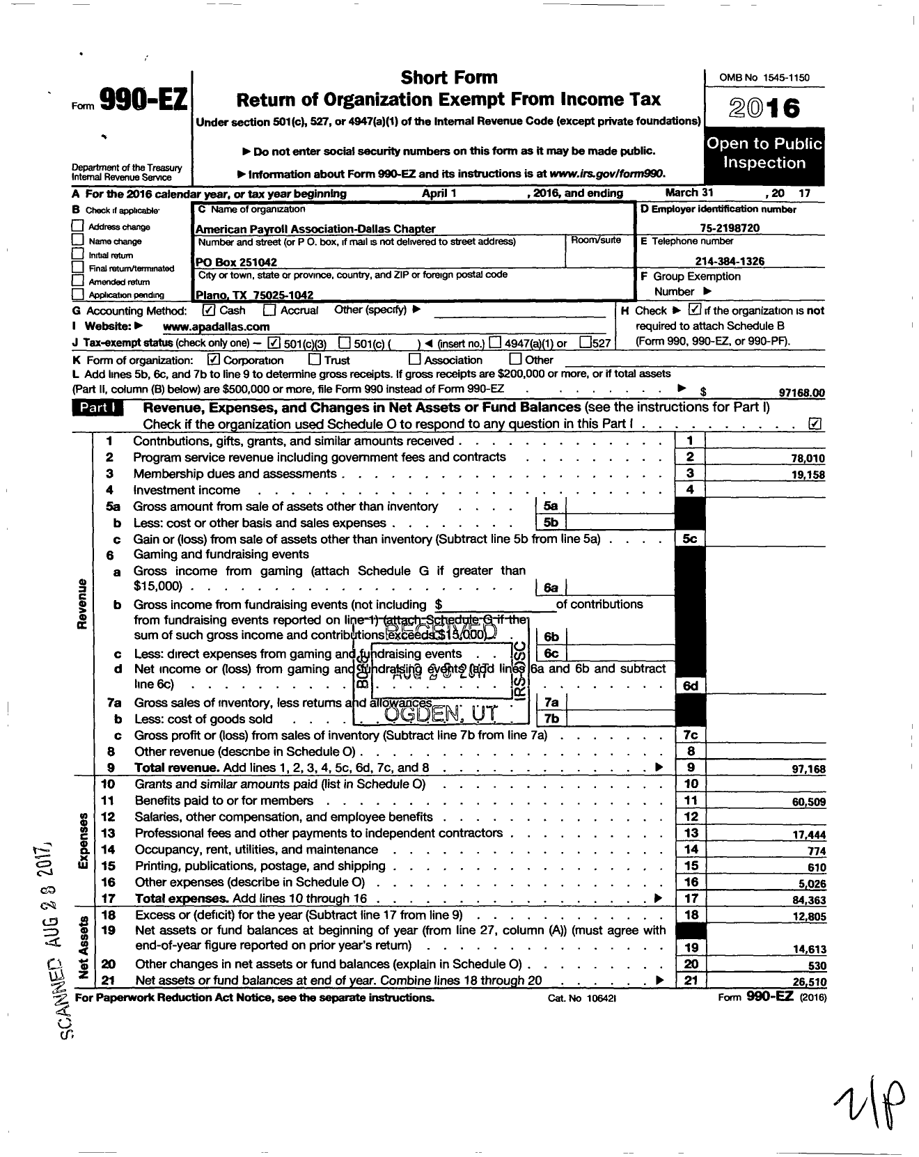 Image of first page of 2016 Form 990EZ for American Payroll Association Dallas Chapter