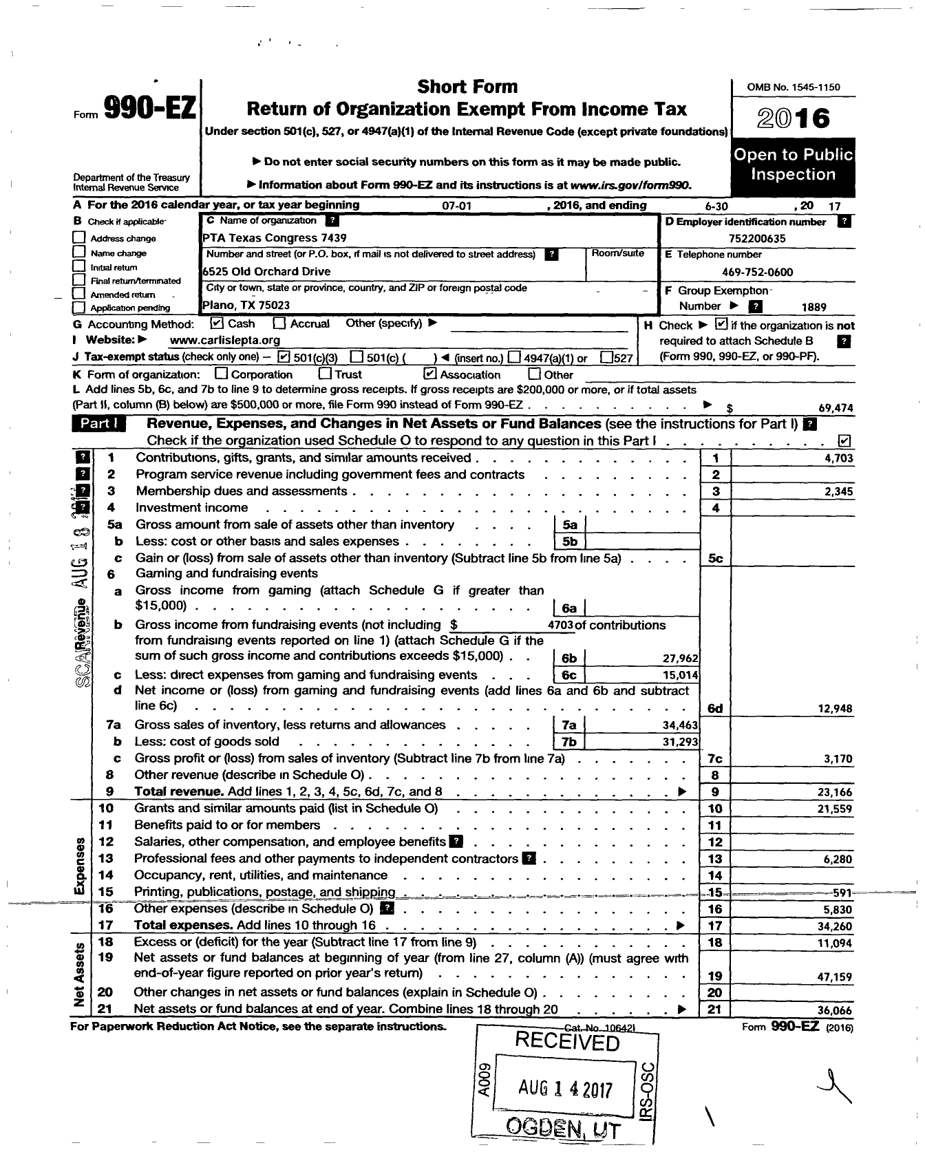 Image of first page of 2016 Form 990EZ for Texas PTA - 7439 Carlisle Elementary