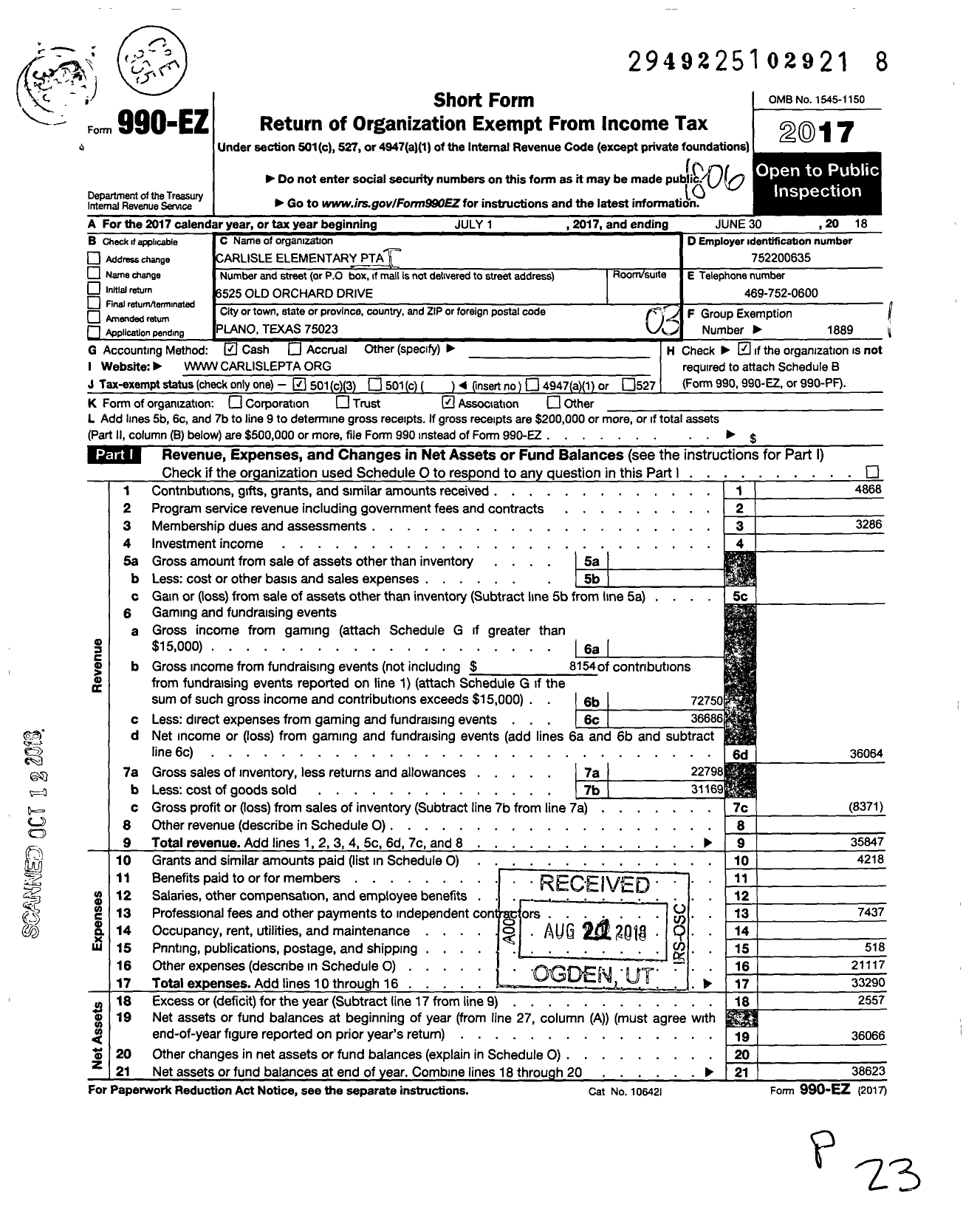 Image of first page of 2017 Form 990EZ for Texas PTA - 7439 Carlisle Elementary