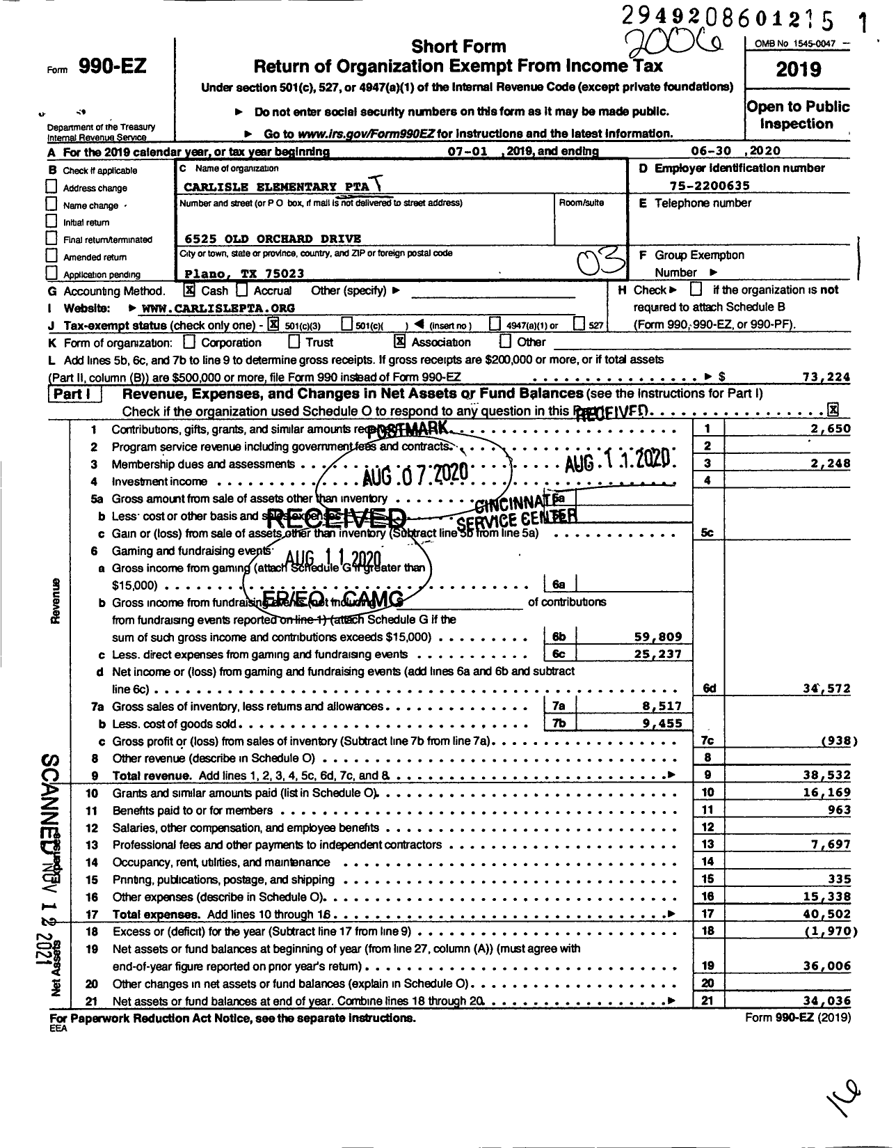 Image of first page of 2019 Form 990EZ for Texas PTA - 7439 Carlisle Elementary