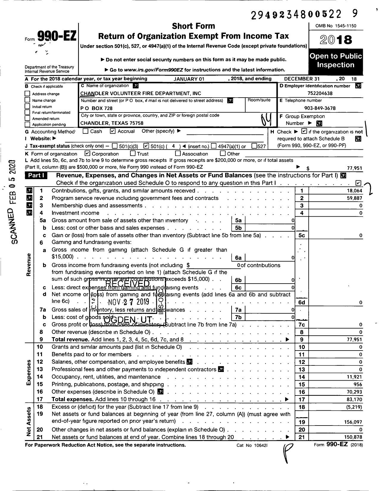 Image of first page of 2018 Form 990EO for Chandler Volunteer Fire Department / Building Fund