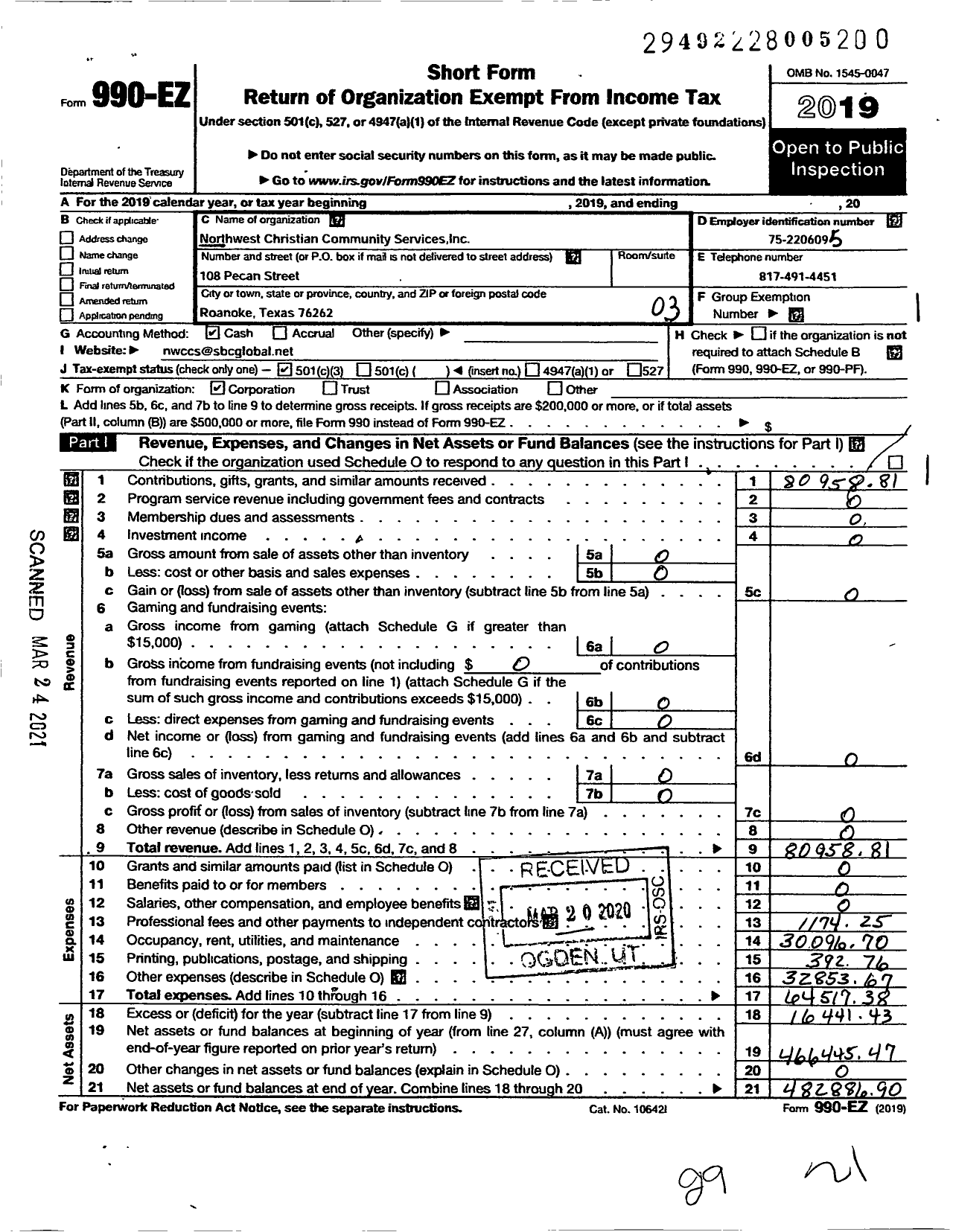 Image of first page of 2019 Form 990EZ for Northwest Christian Community Services