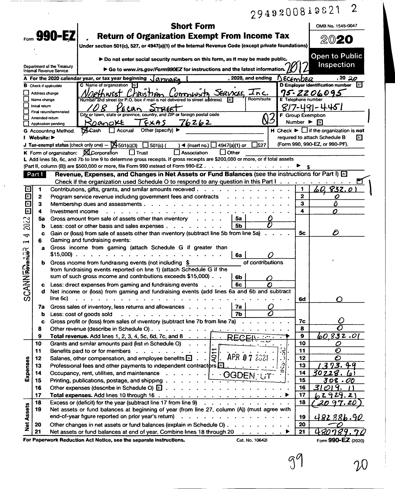 Image of first page of 2020 Form 990EZ for Northwest Christian Community Services