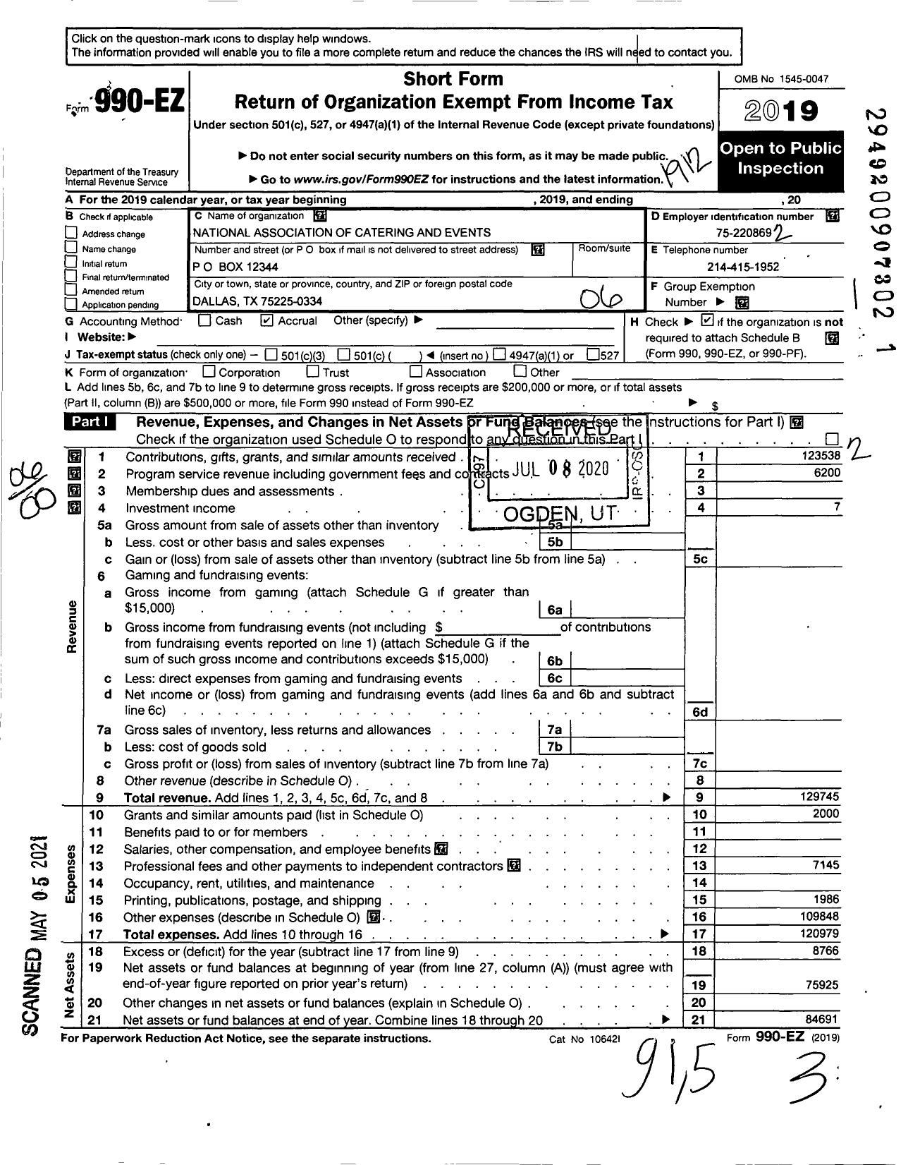 Image of first page of 2019 Form 990EO for National Association of Catering and Events