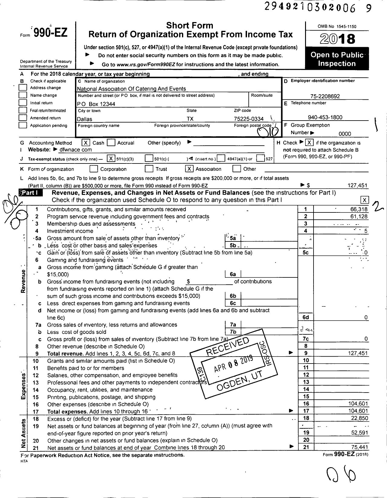 Image of first page of 2018 Form 990EO for National Association of Catering and Events