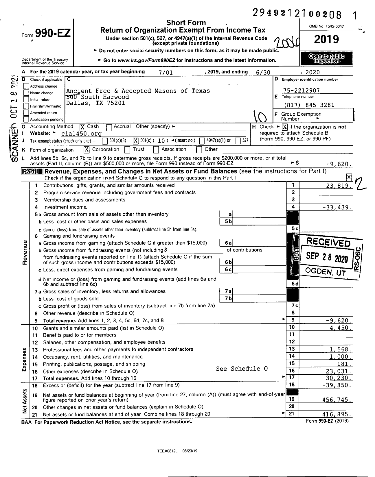 Image of first page of 2019 Form 990EO for Freemasons in Texas - Claud L Austin Lodge 1450 Af&am