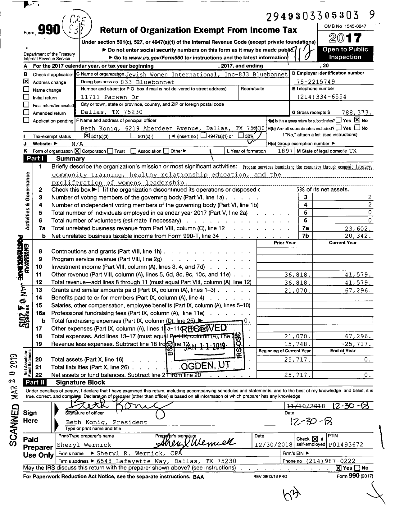 Image of first page of 2017 Form 990 for Jewish Women International-242 833 Bluebonnet B-Texas Bingo - 833 Bluebonnet