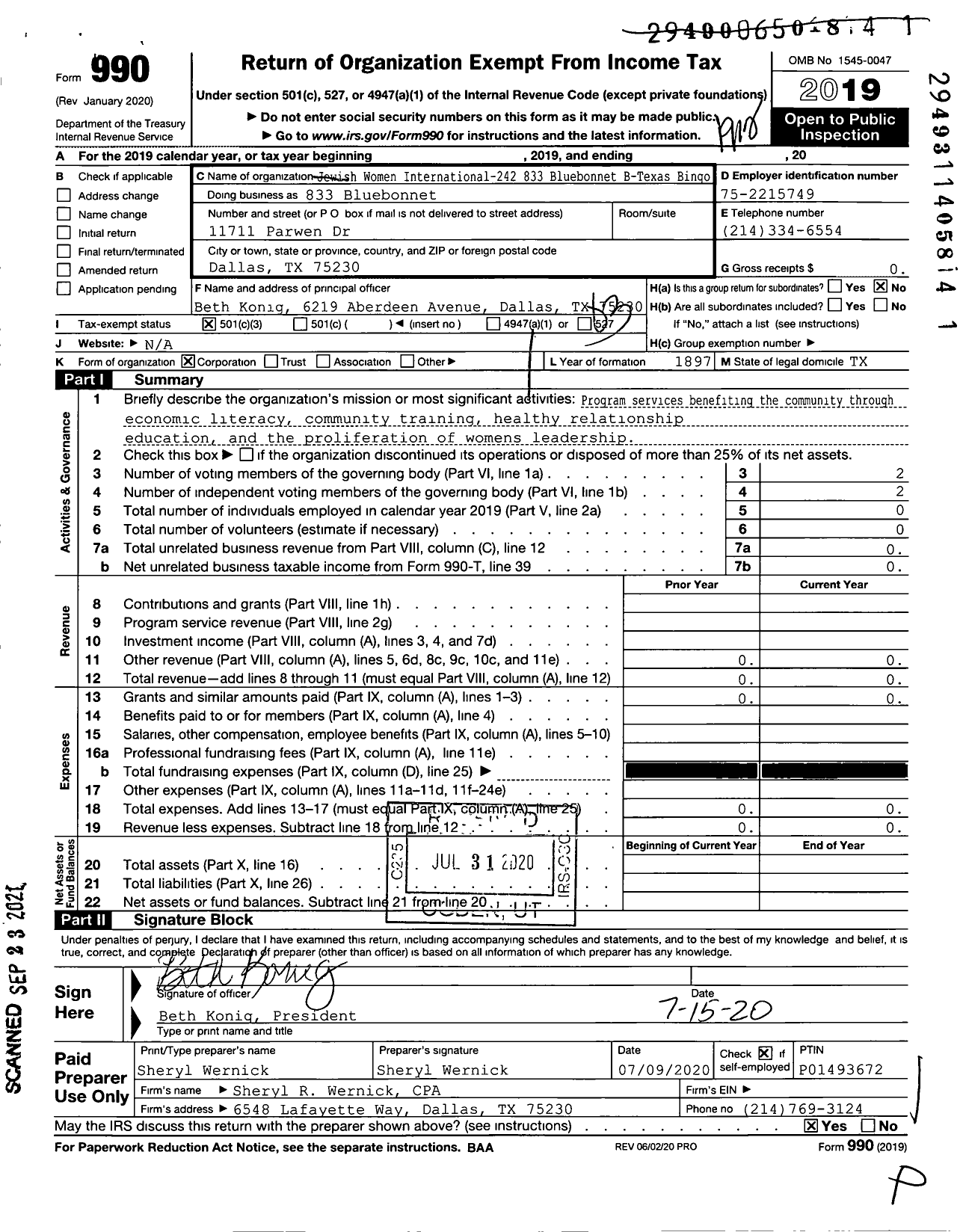 Image of first page of 2019 Form 990 for Jewish Women International-242 833 Bluebonnet B-Texas Bingo - 833 Bluebonnet