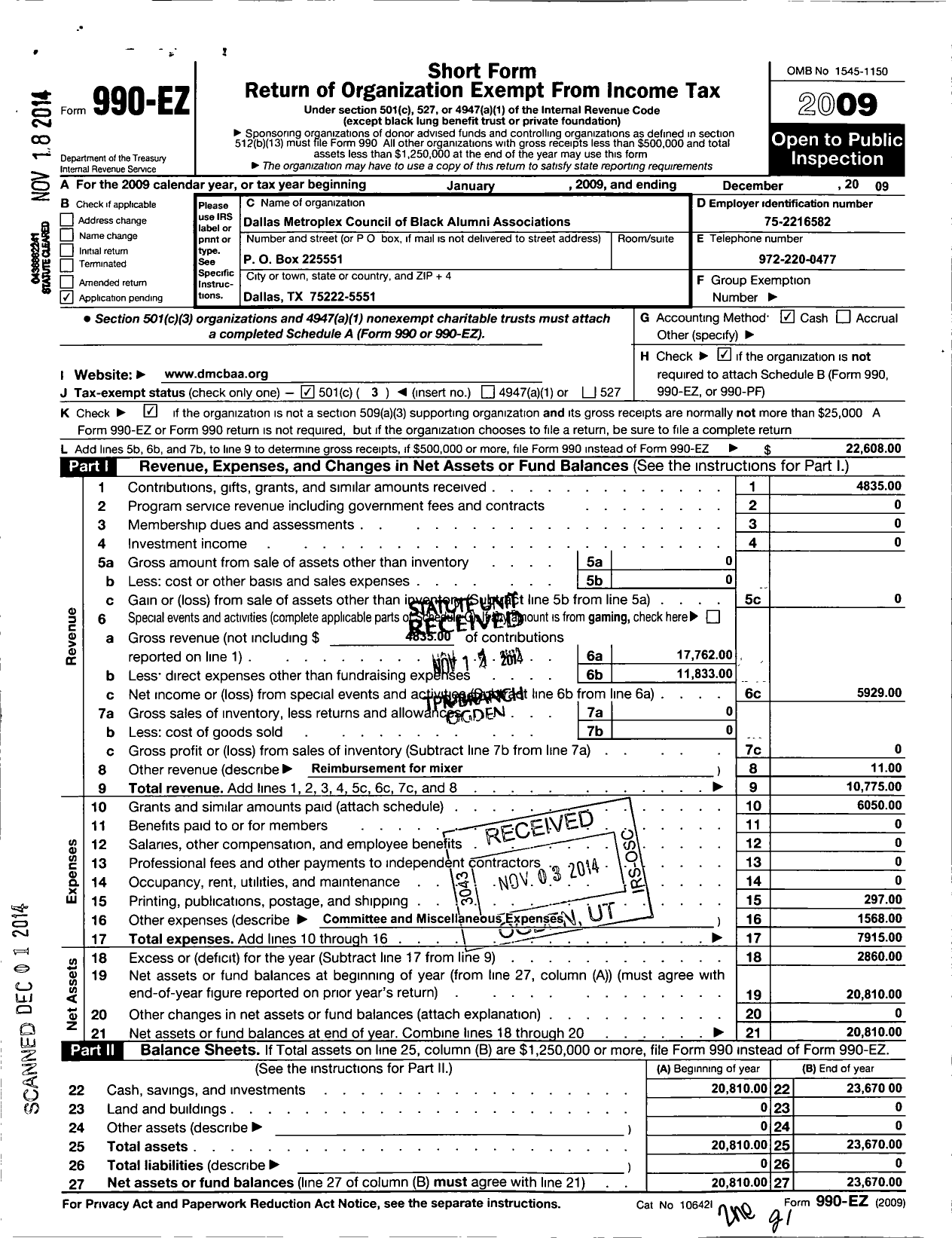 Image of first page of 2009 Form 990EZ for Dallas Metroplex Council of Black Alumni Associations