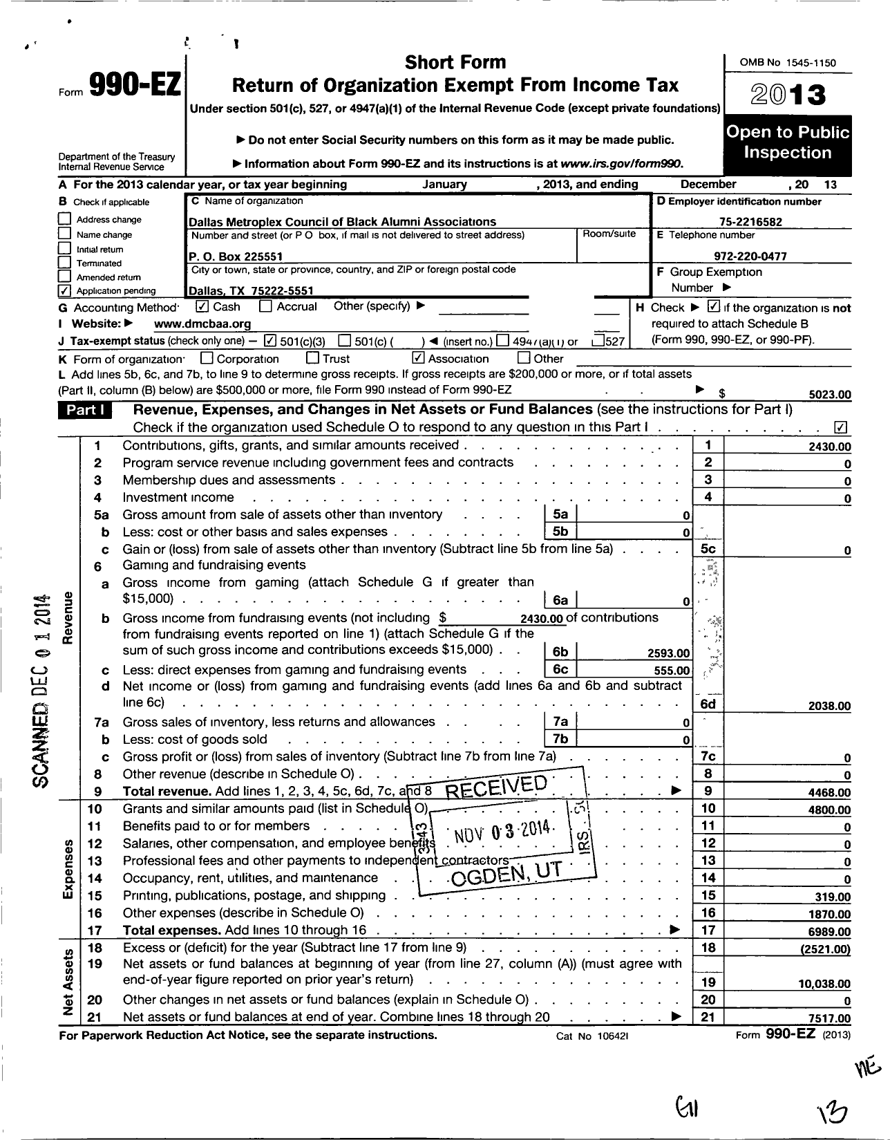 Image of first page of 2013 Form 990EZ for Dallas Metroplex Council of Black Alumni Associations