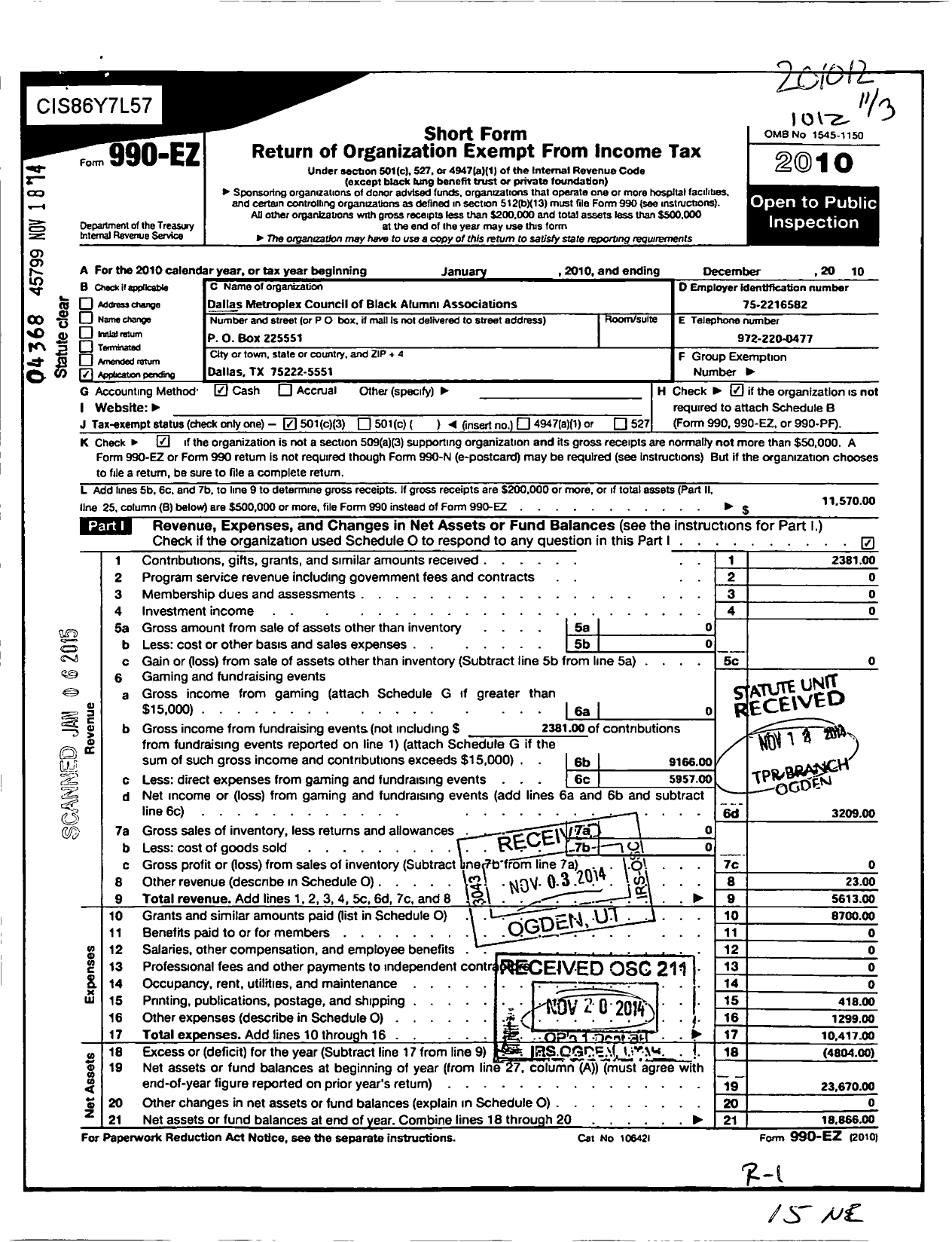 Image of first page of 2010 Form 990EZ for Dallas Metroplex Council of Black Alumni Associations